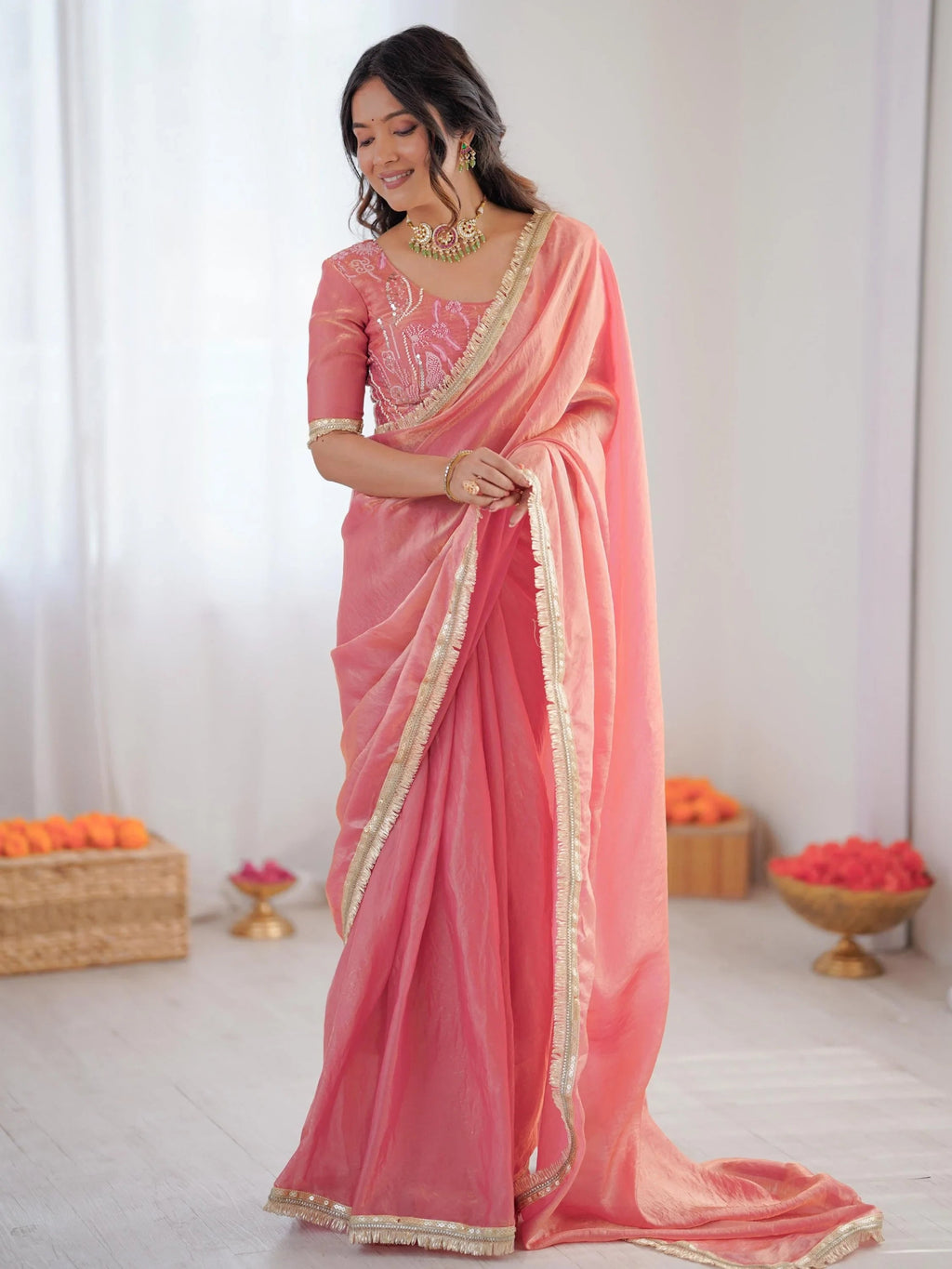 Peach Outstanding Lace Border Party Wear Ready To Wear Saree With Blouse