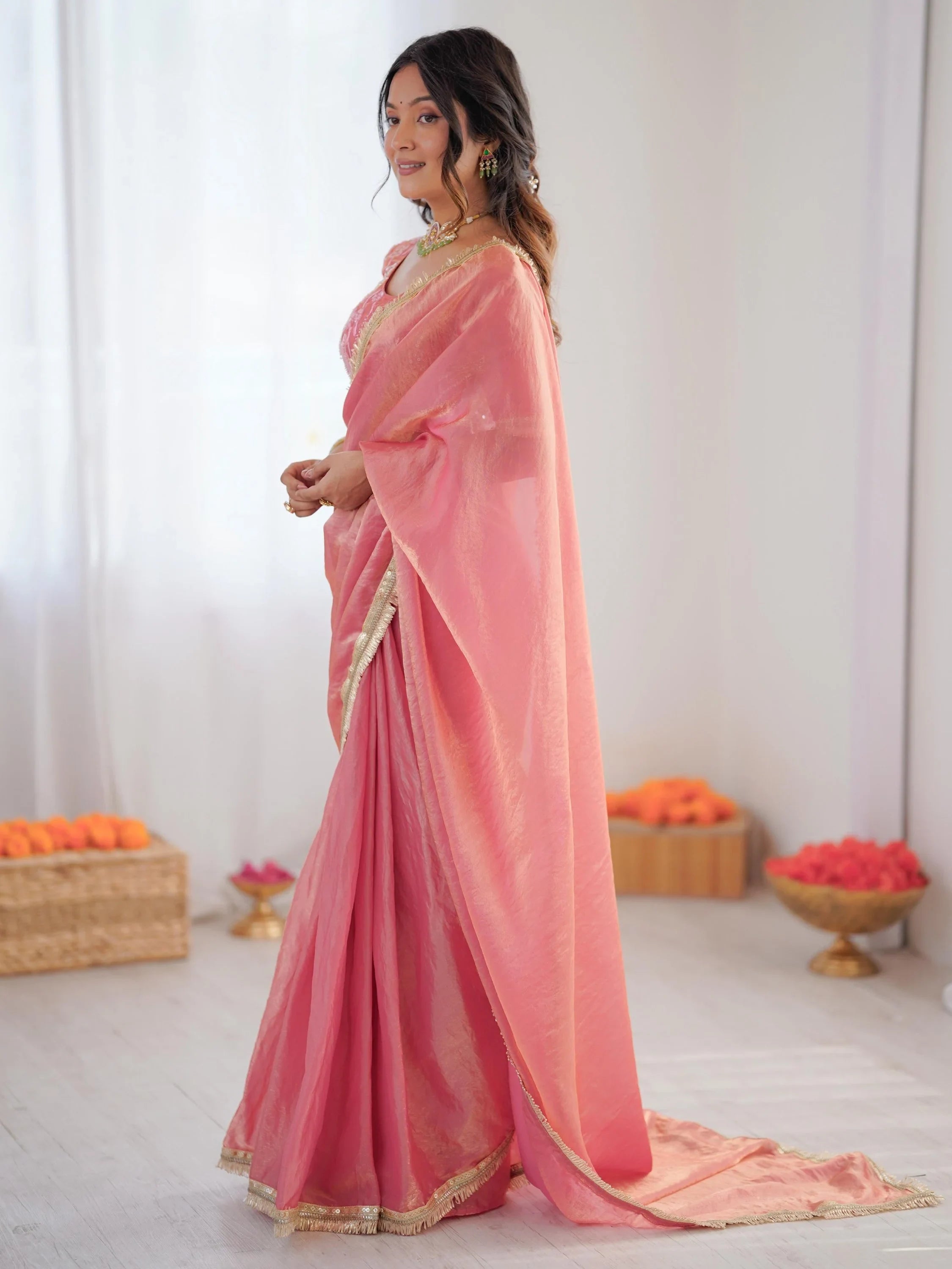 Peach Outstanding Lace Border Party Wear Ready To Wear Saree With Blouse