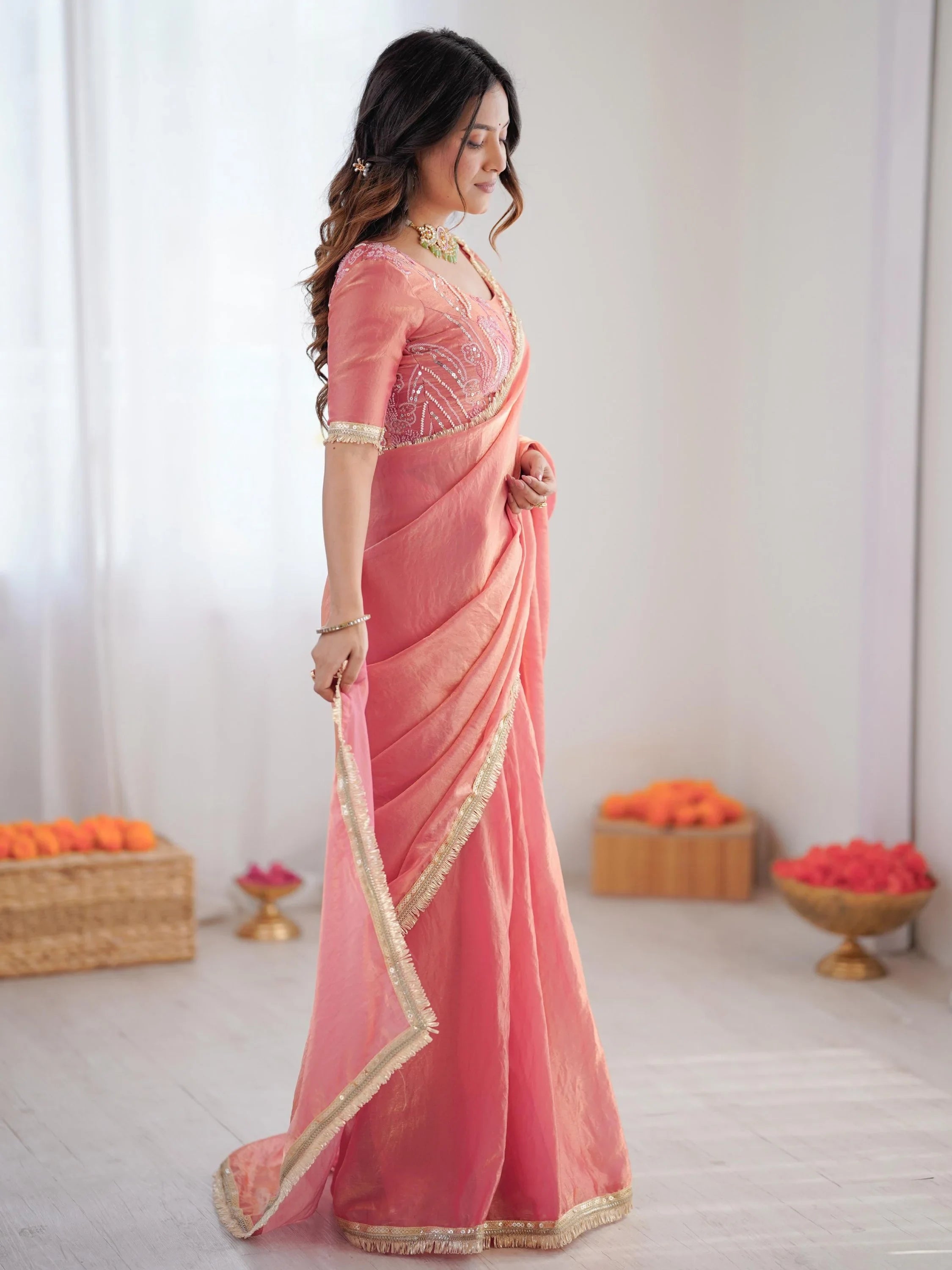 Peach Outstanding Lace Border Party Wear Ready To Wear Saree With Blouse