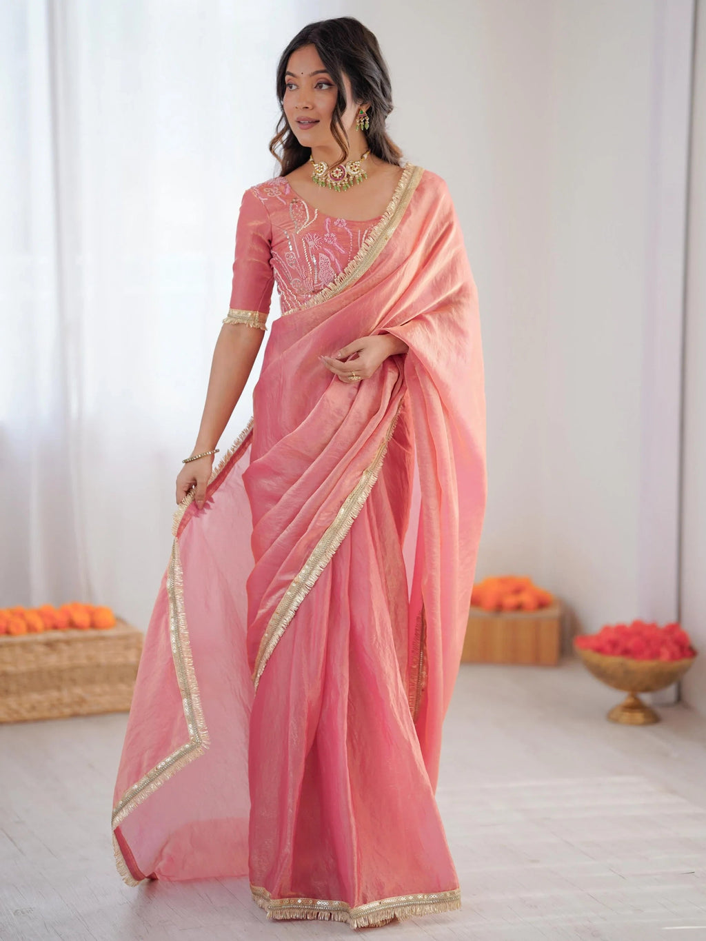 Peach Outstanding Lace Border Party Wear Ready To Wear Saree With Blouse