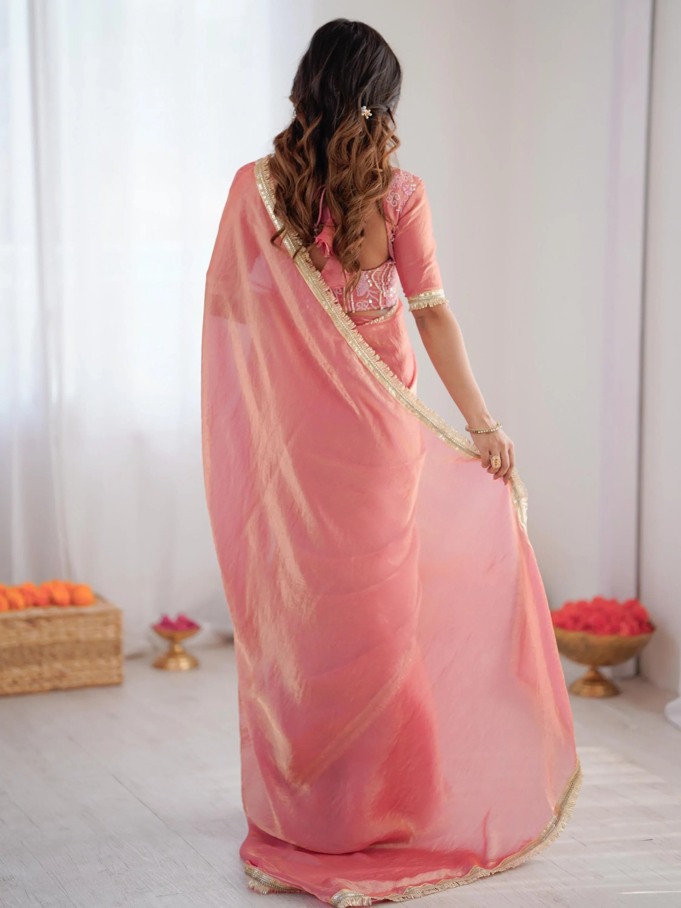 Peach Outstanding Lace Border Party Wear Ready To Wear Saree With Blouse