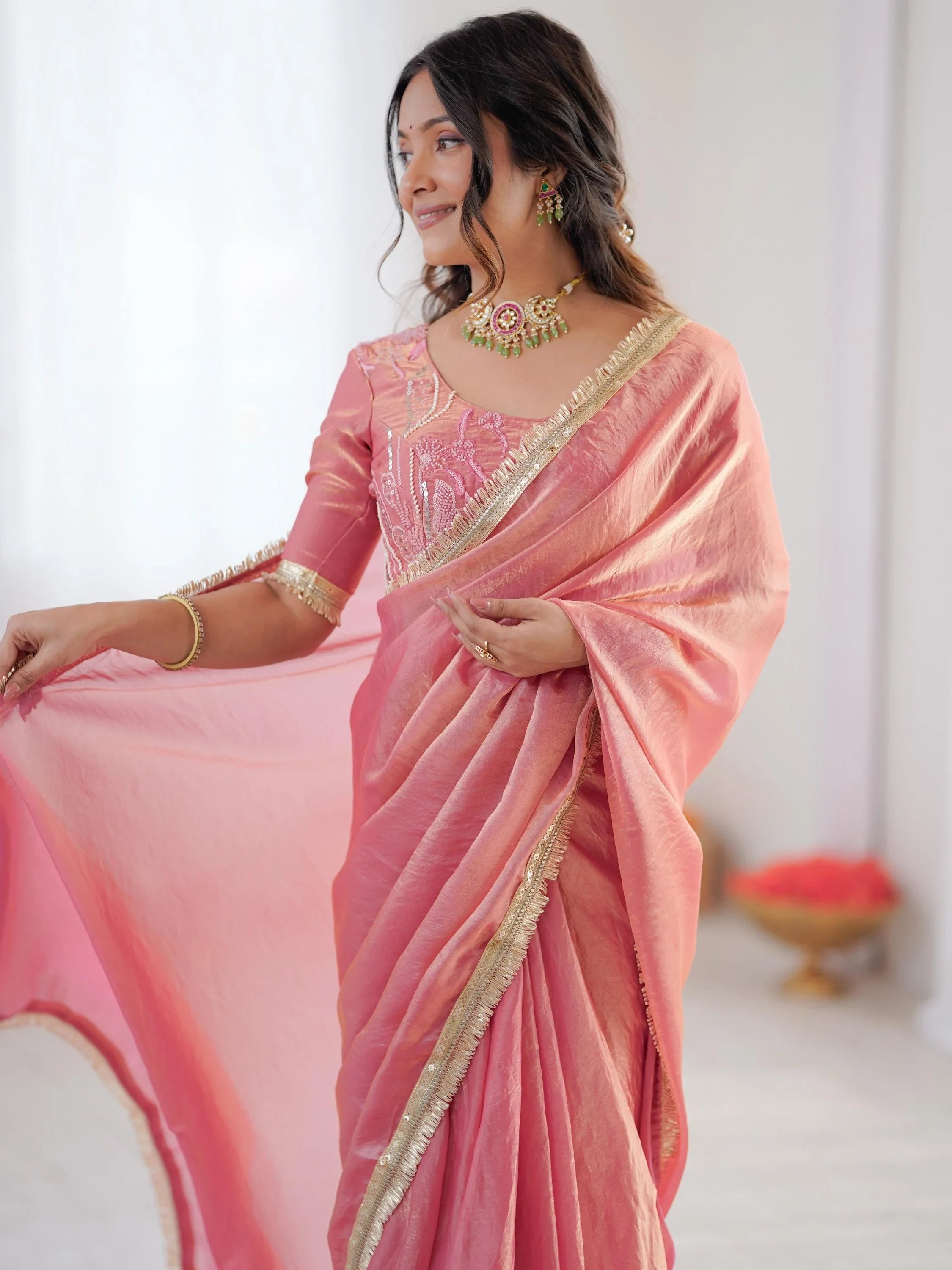 Peach Outstanding Lace Border Party Wear Ready To Wear Saree With Blouse