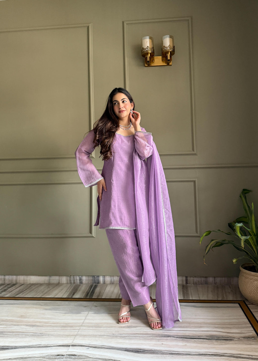 Lavender Silk Kurta Suit Set with Siroski work for festive occasions