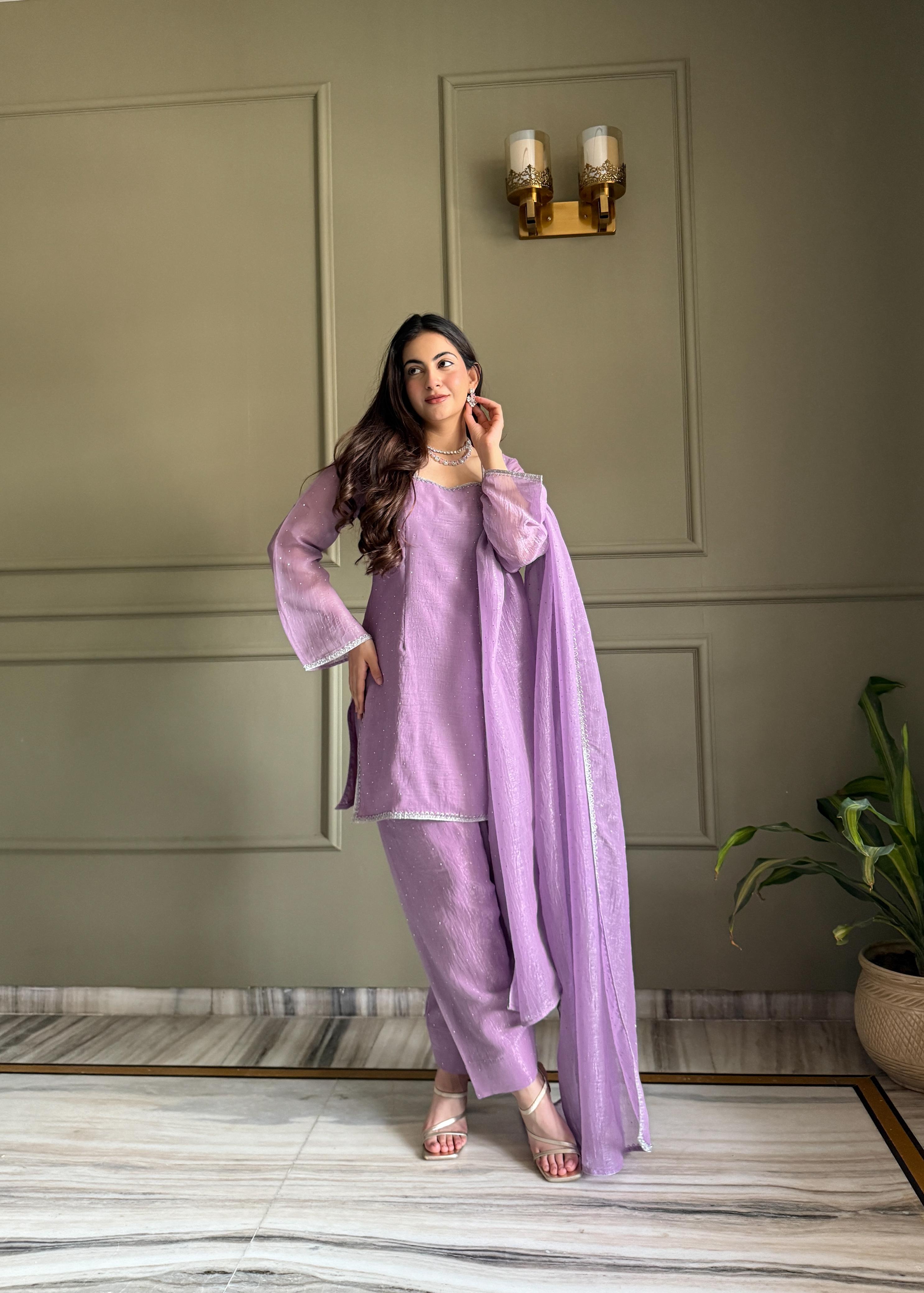 Lavender Silk Kurta Suit Set with Siroski work for festive occasions