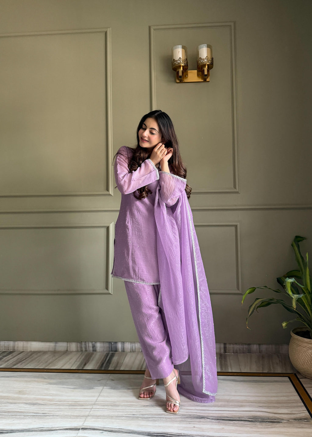 Lavender Silk Kurta Suit Set with Siroski work for festive occasions