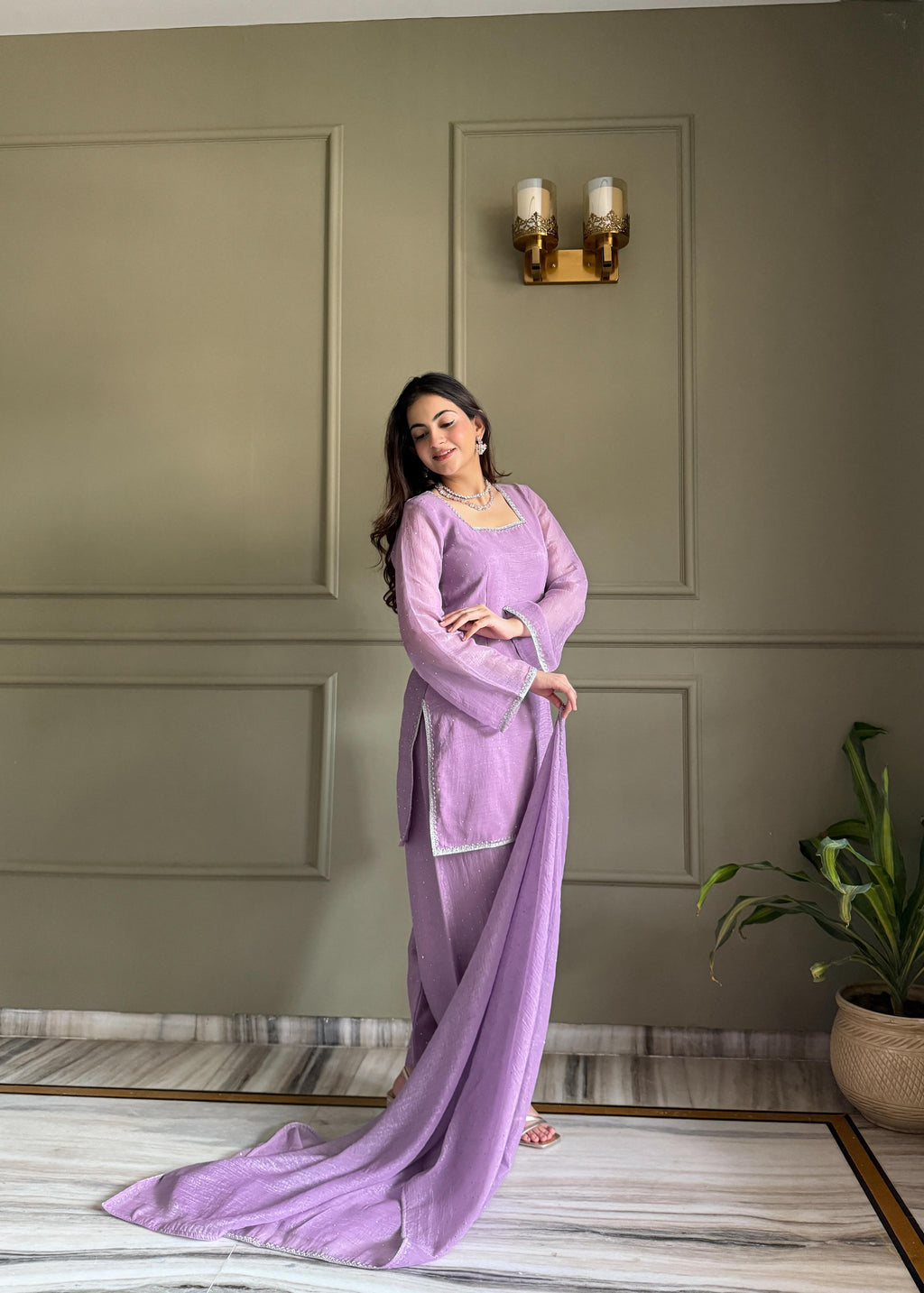 Lavender Silk Kurta Suit Set with Siroski work for festive occasions