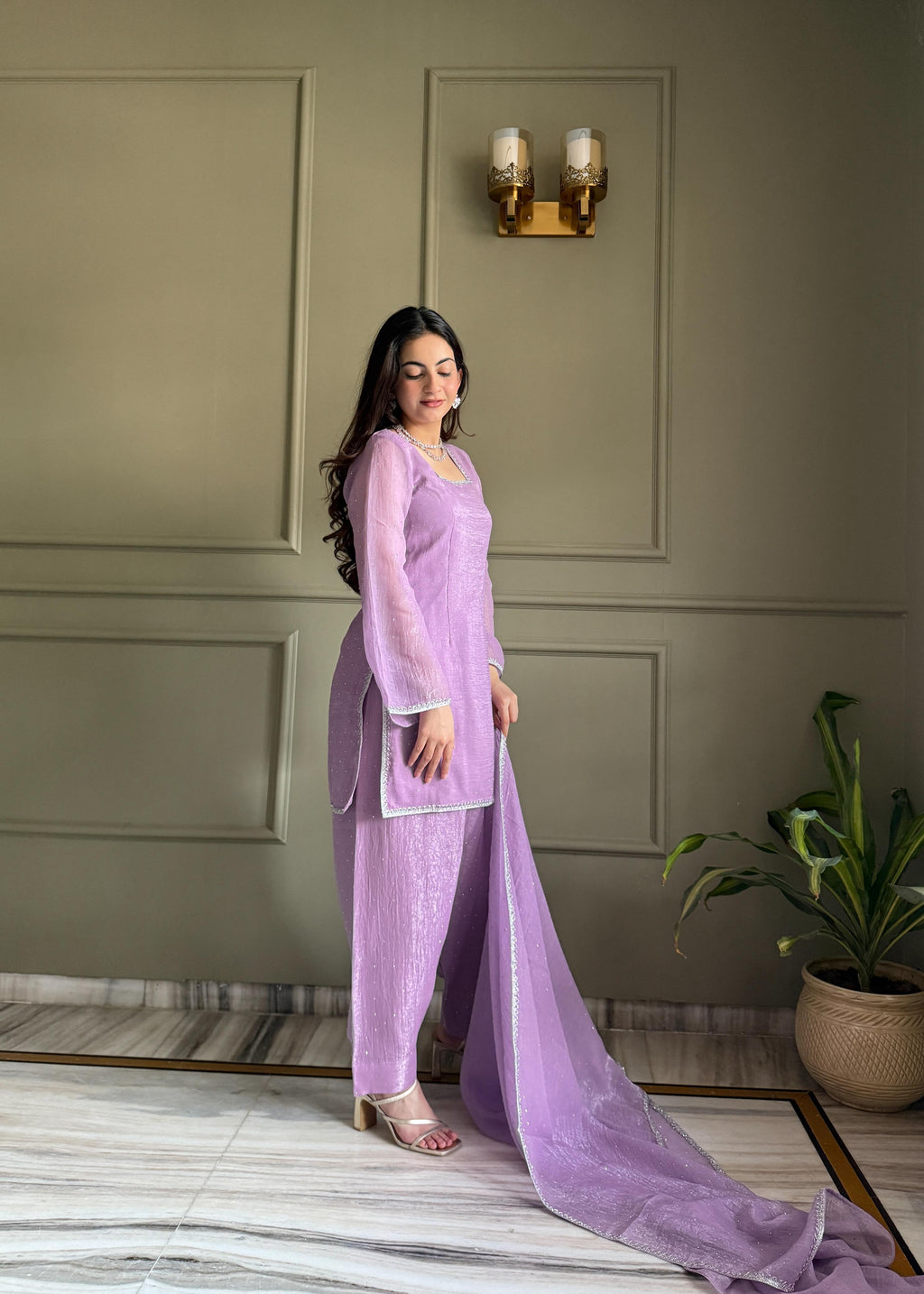 Lavender Silk Kurta Suit Set with Siroski work for festive occasions