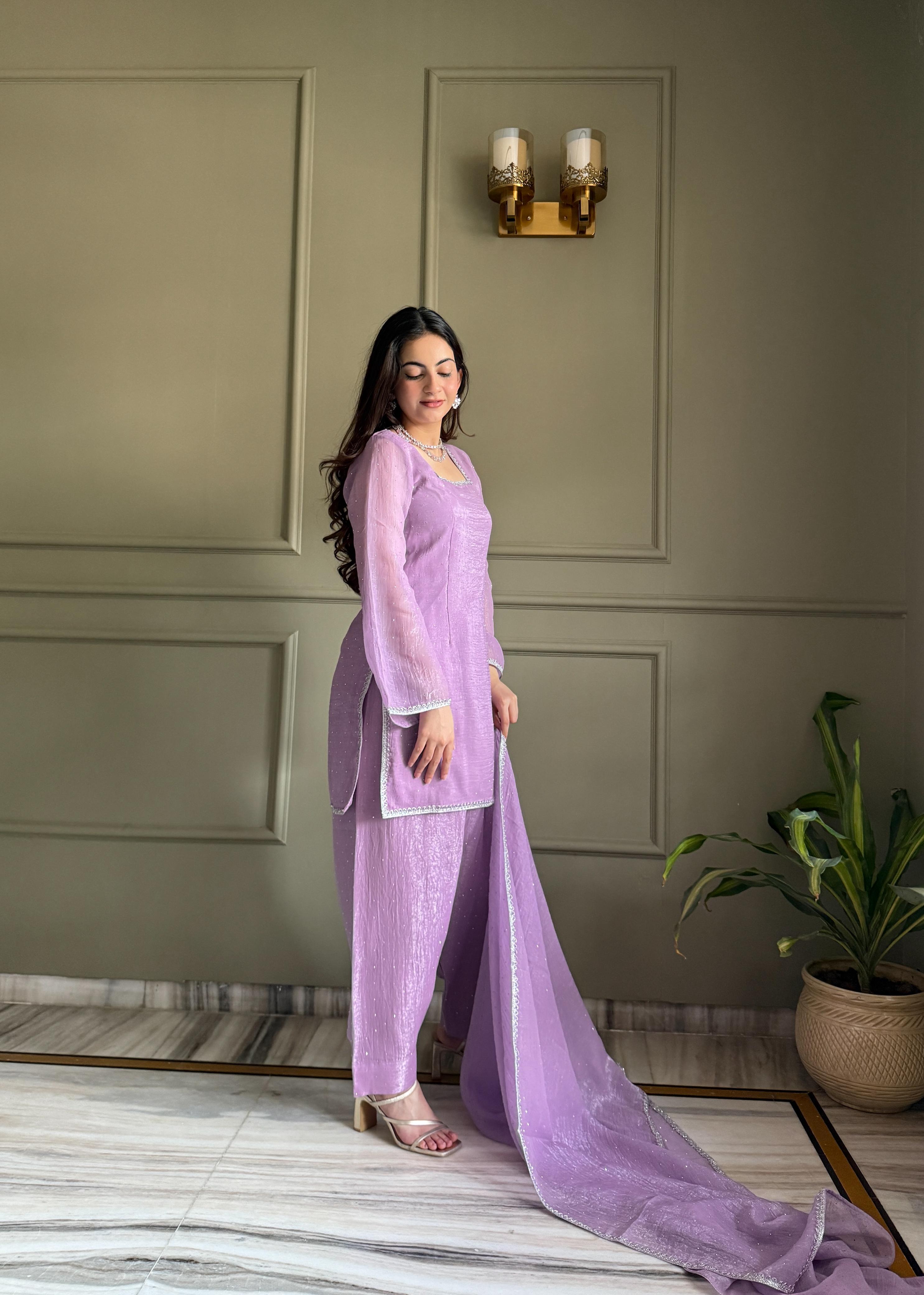 Lavender Silk Kurta Suit Set with Siroski work for festive occasions