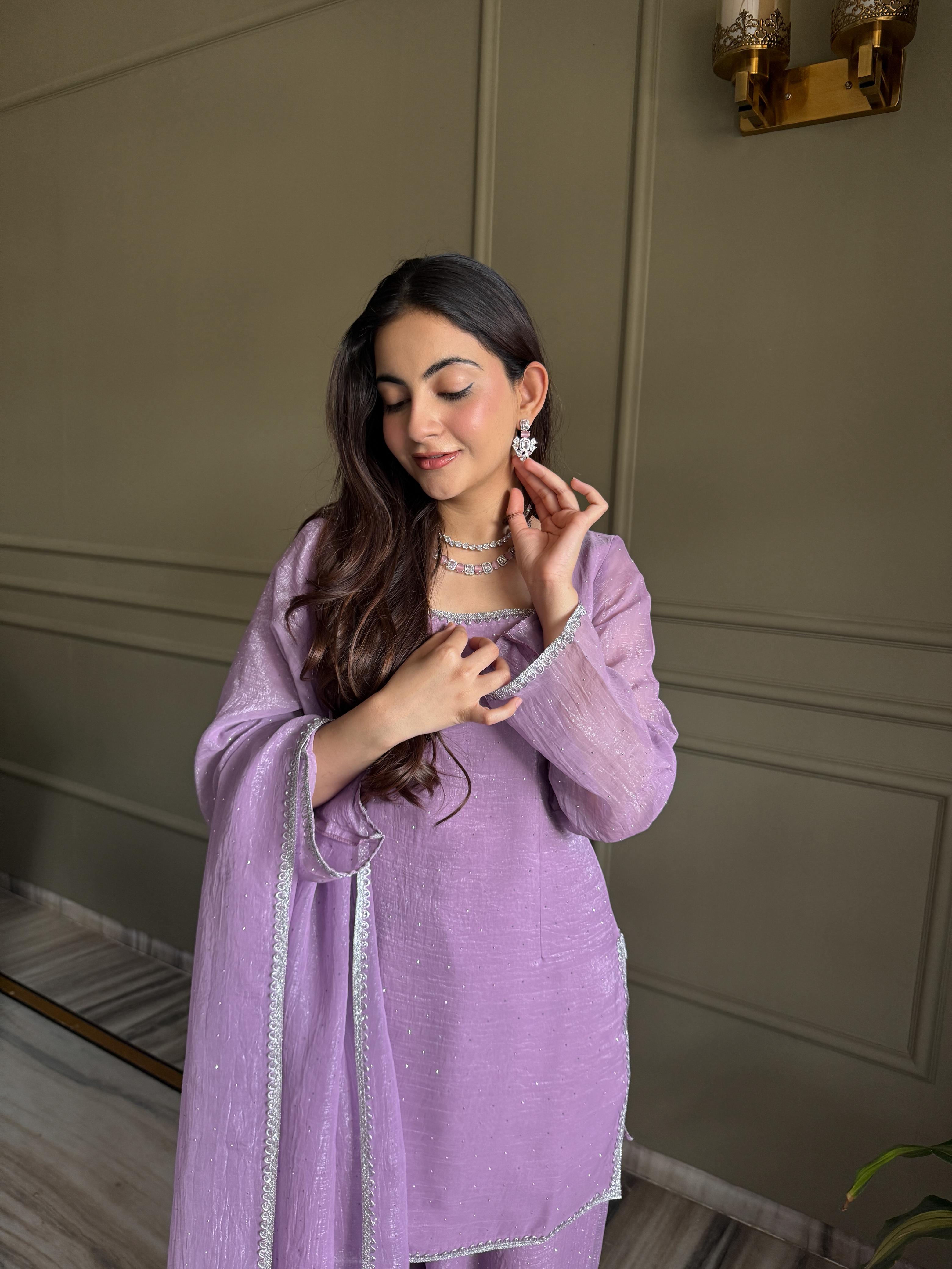 Lavender Silk Kurta Suit Set with Siroski work for festive occasions