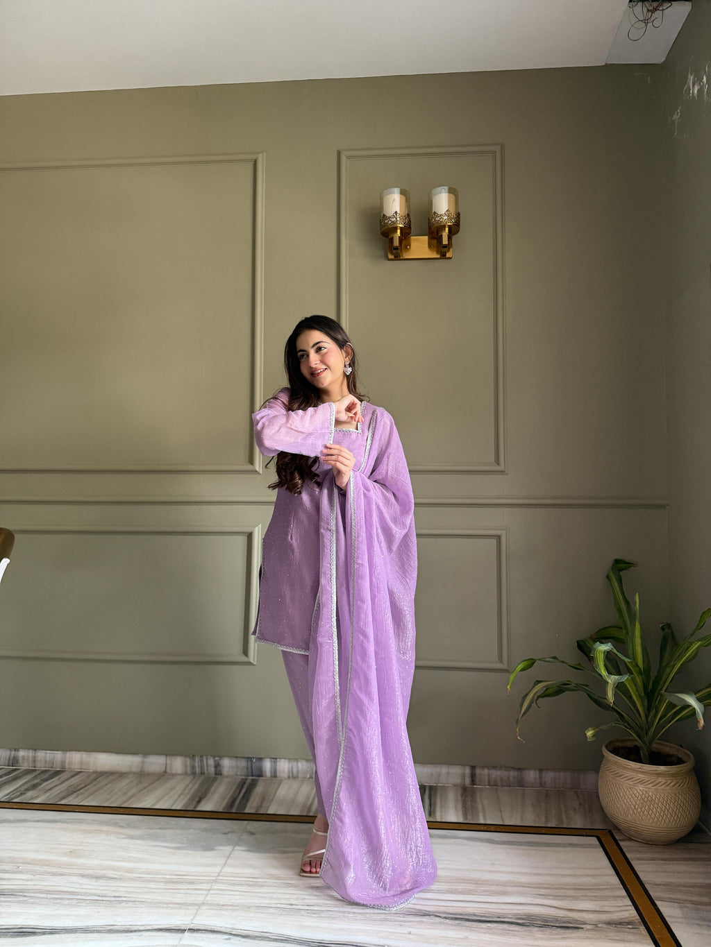 Lavender Silk Kurta Suit Set with Siroski work for festive occasions