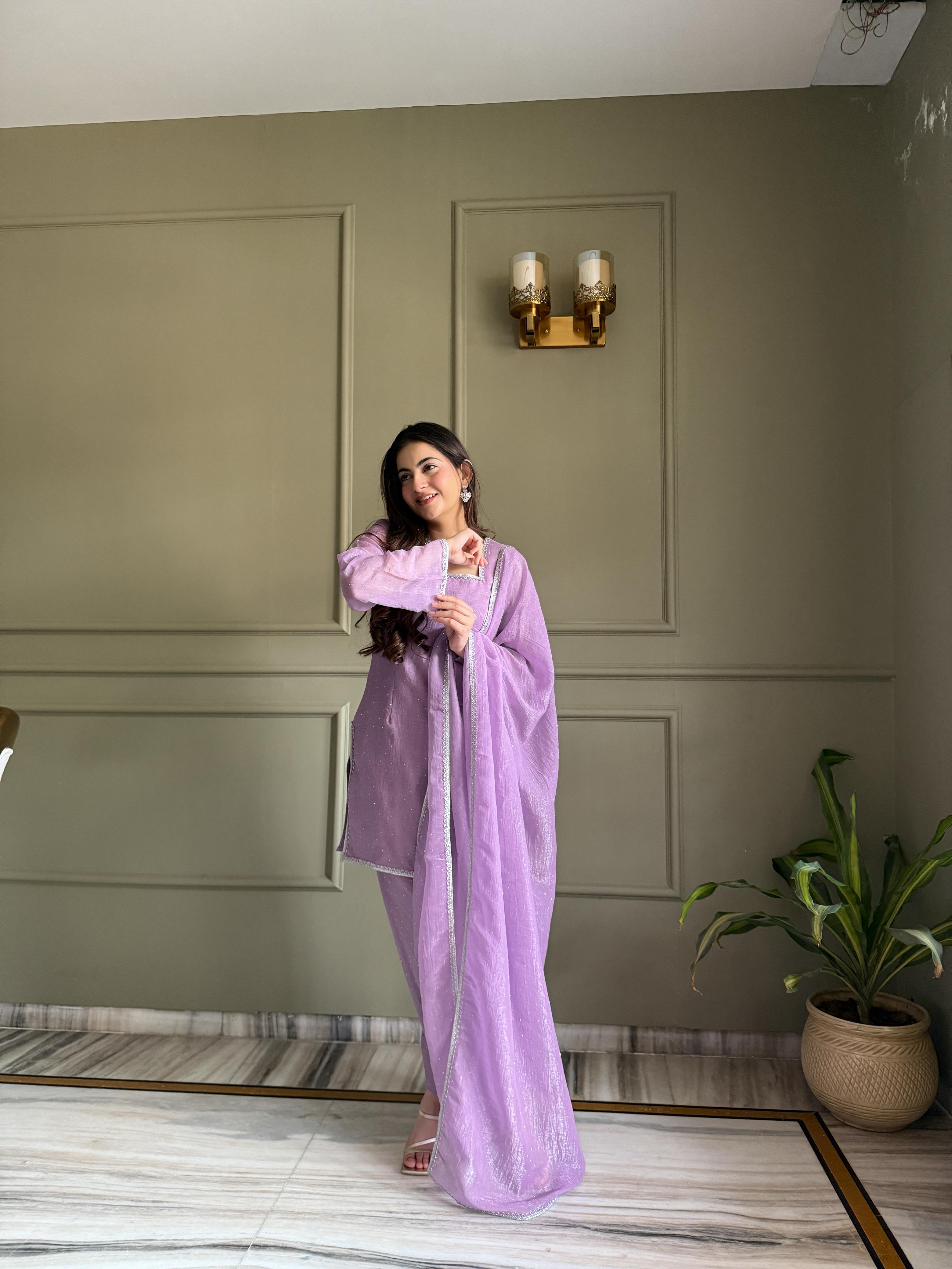 Lavender Silk Kurta Suit Set with Siroski work for festive occasions