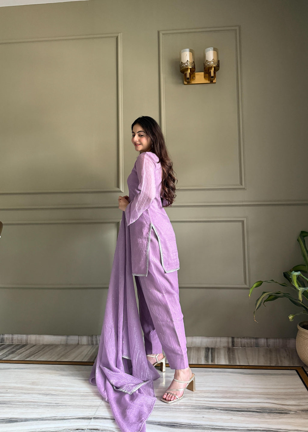 Lavender Silk Kurta Suit Set with Siroski work for festive occasions