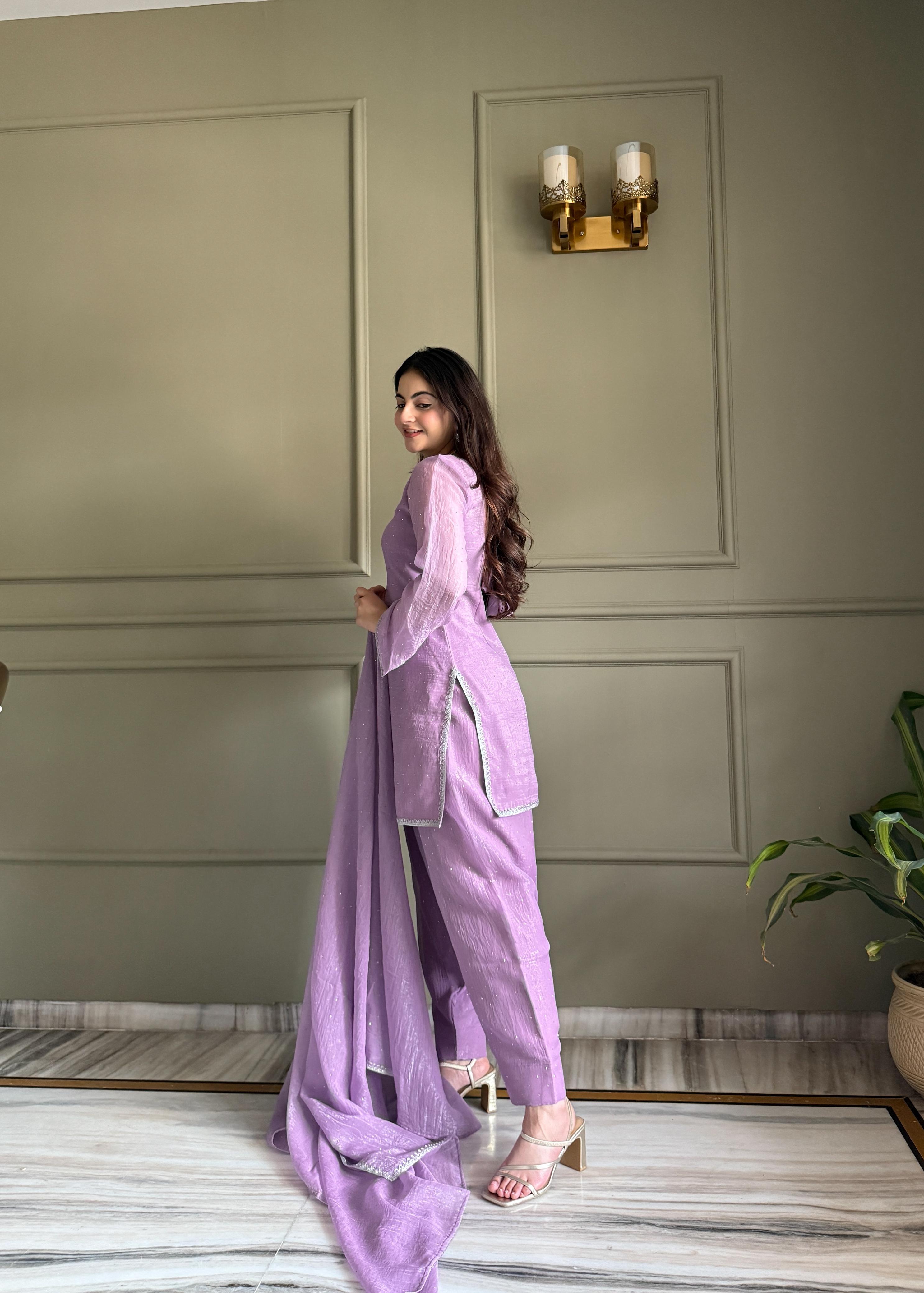 Lavender Silk Kurta Suit Set with Siroski work for festive occasions