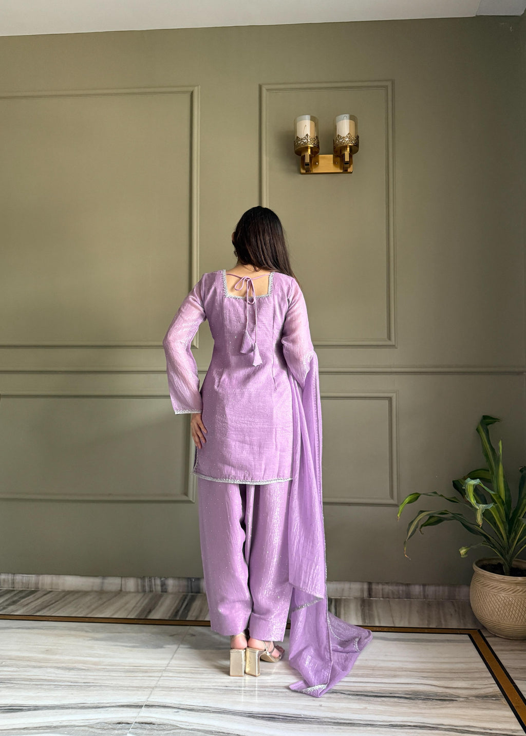 Lavender Silk Kurta Suit Set with Siroski work for festive occasions