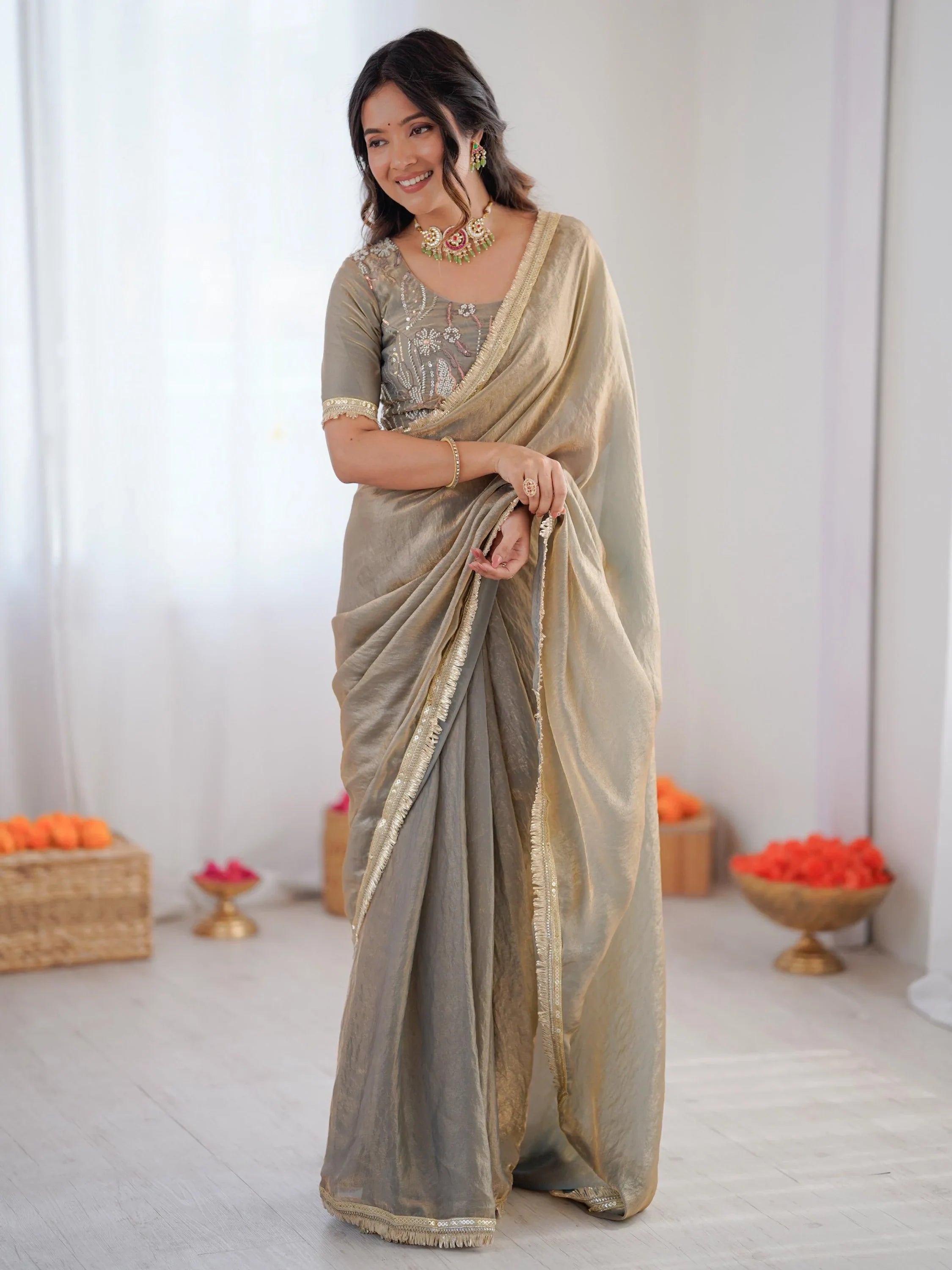 Grey Outstanding Lace Border Party Wear Ready To Wear Saree With Blouse