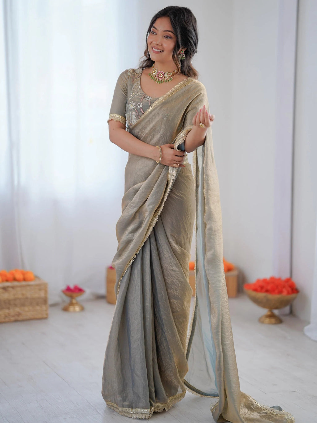 Grey Outstanding Lace Border Party Wear Ready To Wear Saree With Blouse