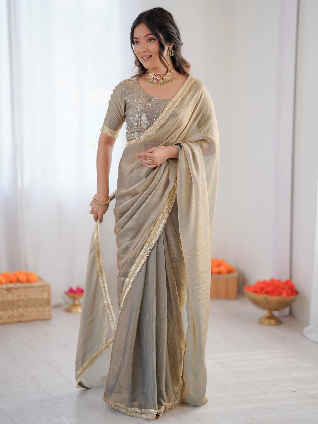 Grey Outstanding Lace Border Party Wear Ready To Wear Saree With Blouse