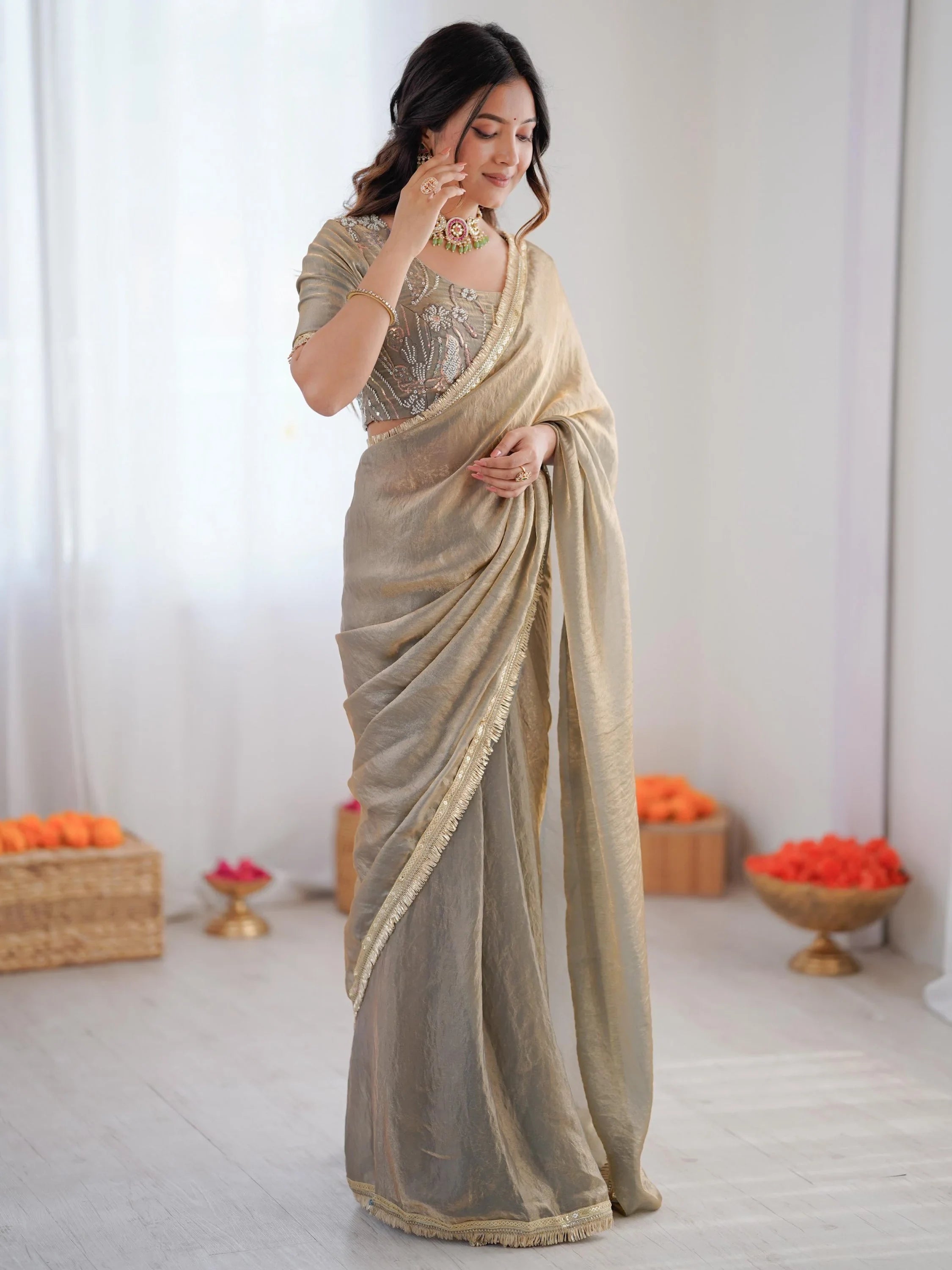Grey Outstanding Lace Border Party Wear Ready To Wear Saree With Blouse