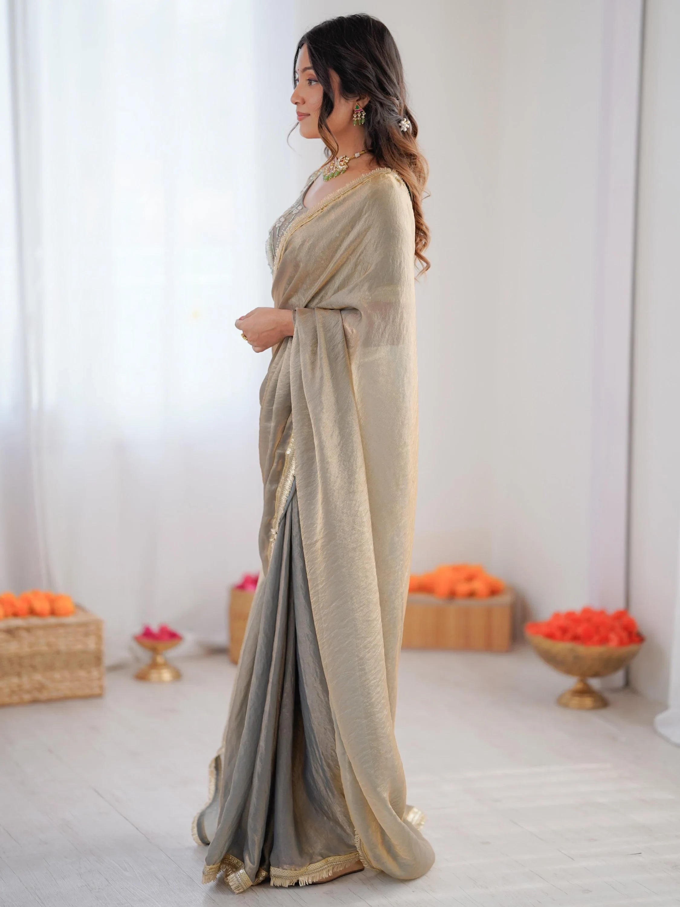 Grey Outstanding Lace Border Party Wear Ready To Wear Saree With Blouse