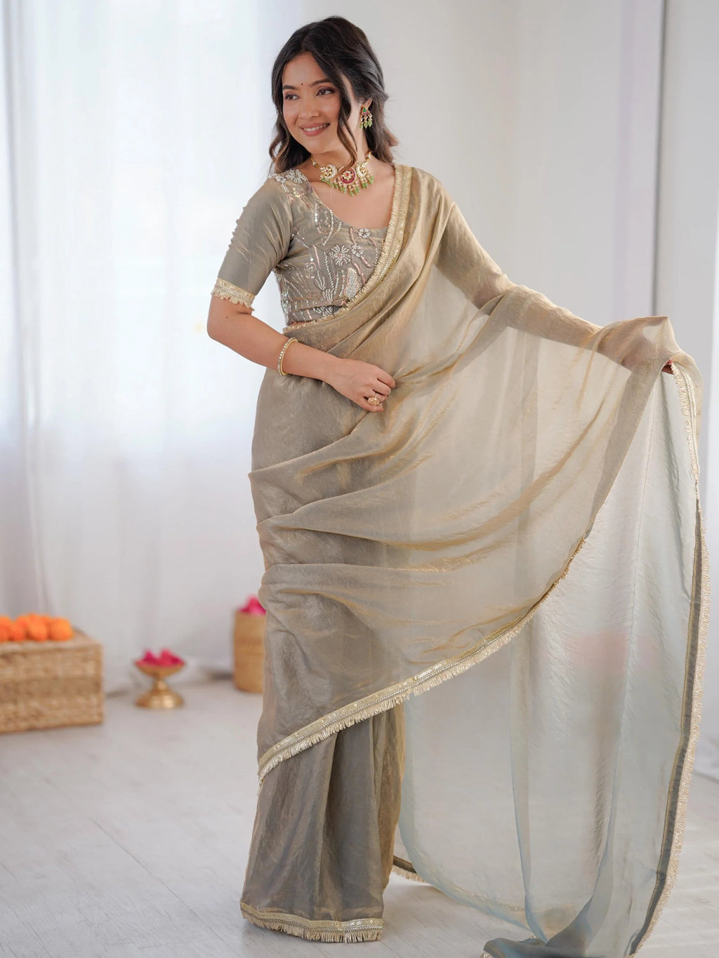 Grey Outstanding Lace Border Party Wear Ready To Wear Saree With Blouse