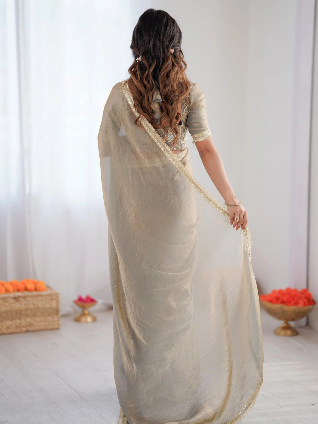 Grey Outstanding Lace Border Party Wear Ready To Wear Saree With Blouse