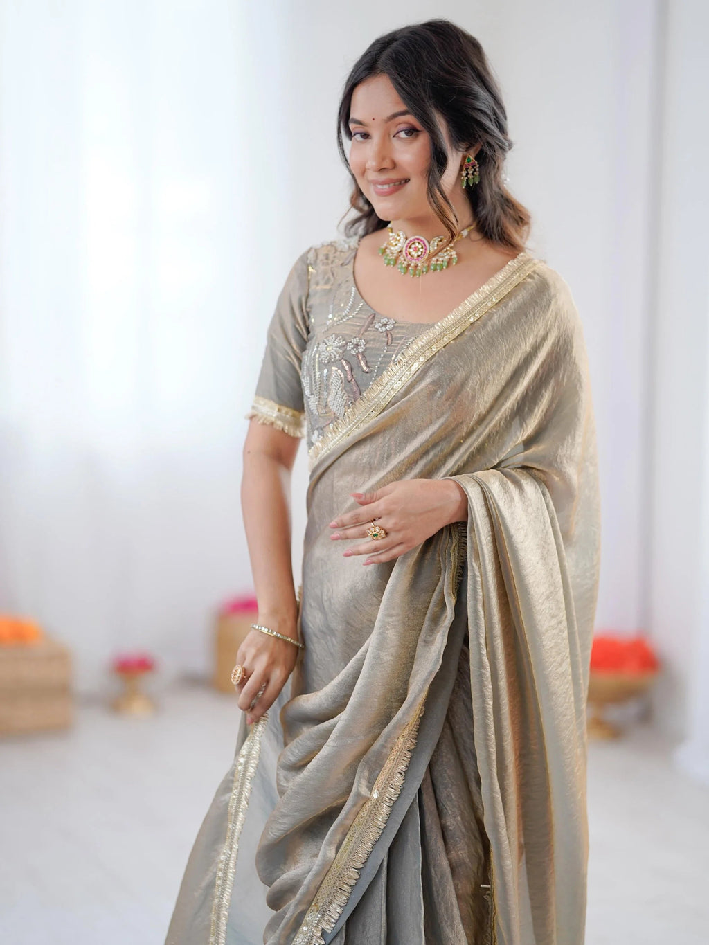 Grey Outstanding Lace Border Party Wear Ready To Wear Saree With Blouse