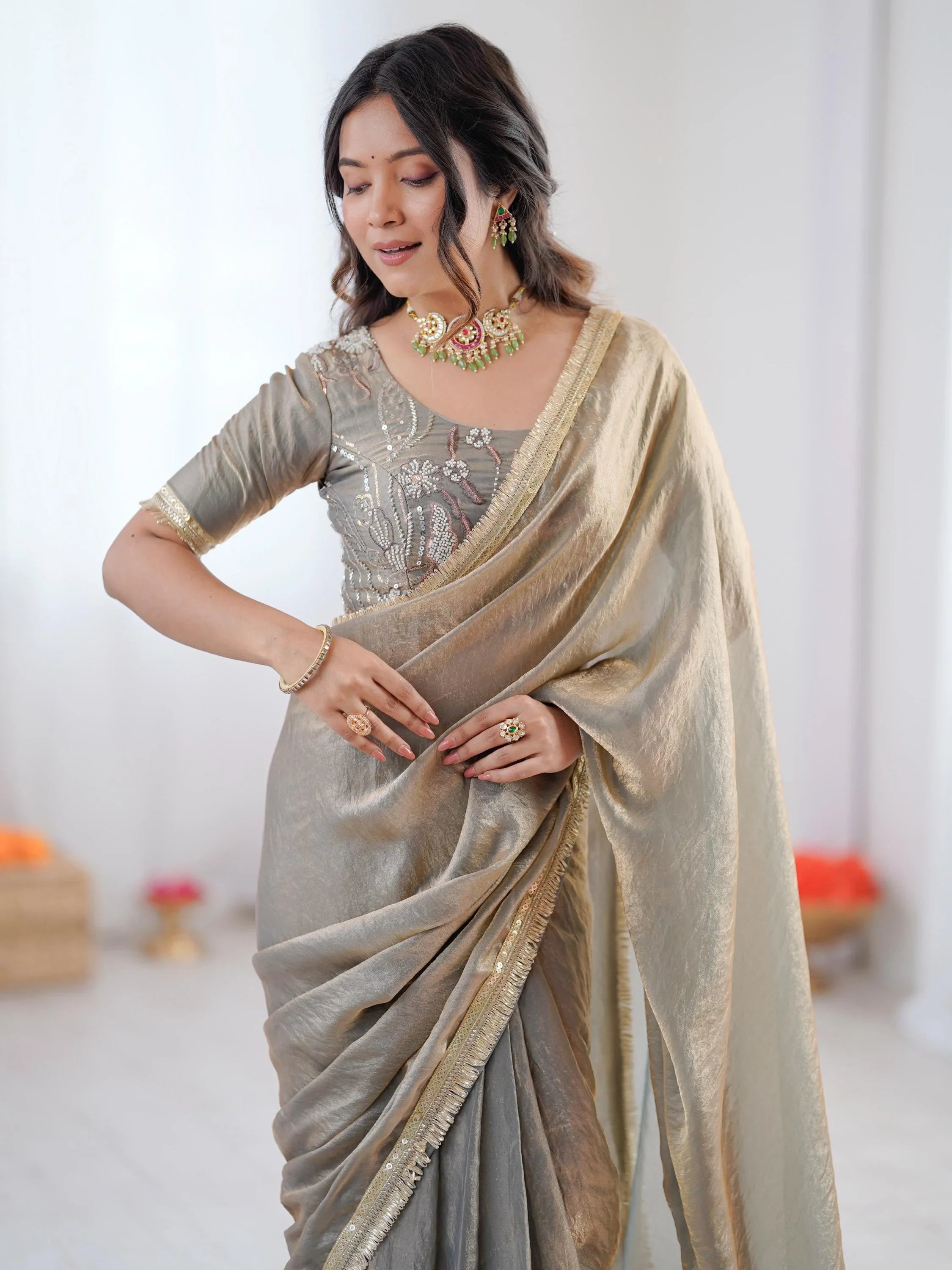 Grey Outstanding Lace Border Party Wear Ready To Wear Saree With Blouse