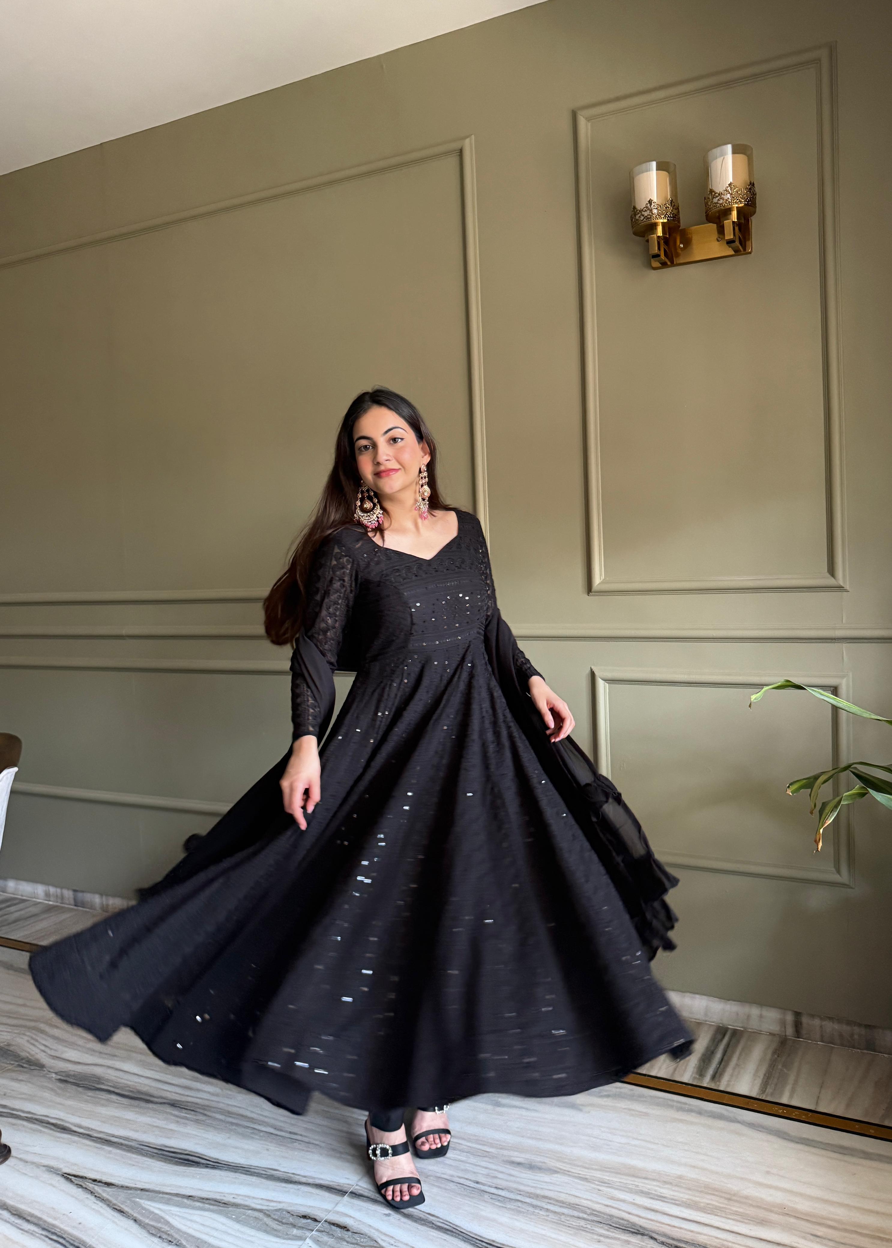Black Georgette Anarkali Suit Set with Lucknowi Sequence Work for Festive Occasions