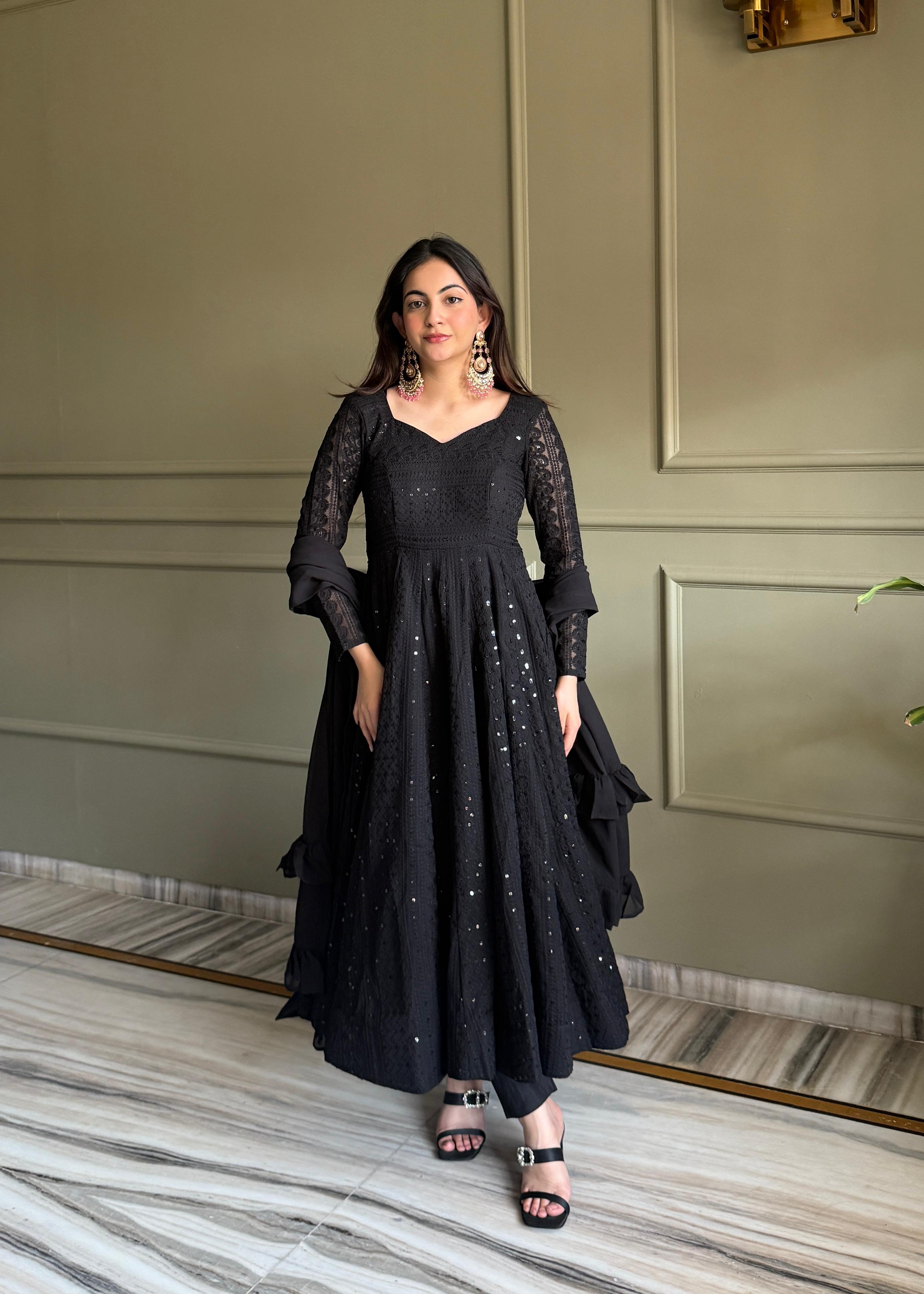 Black Georgette Anarkali Suit Set with Lucknowi Sequence Work for Festive Occasions