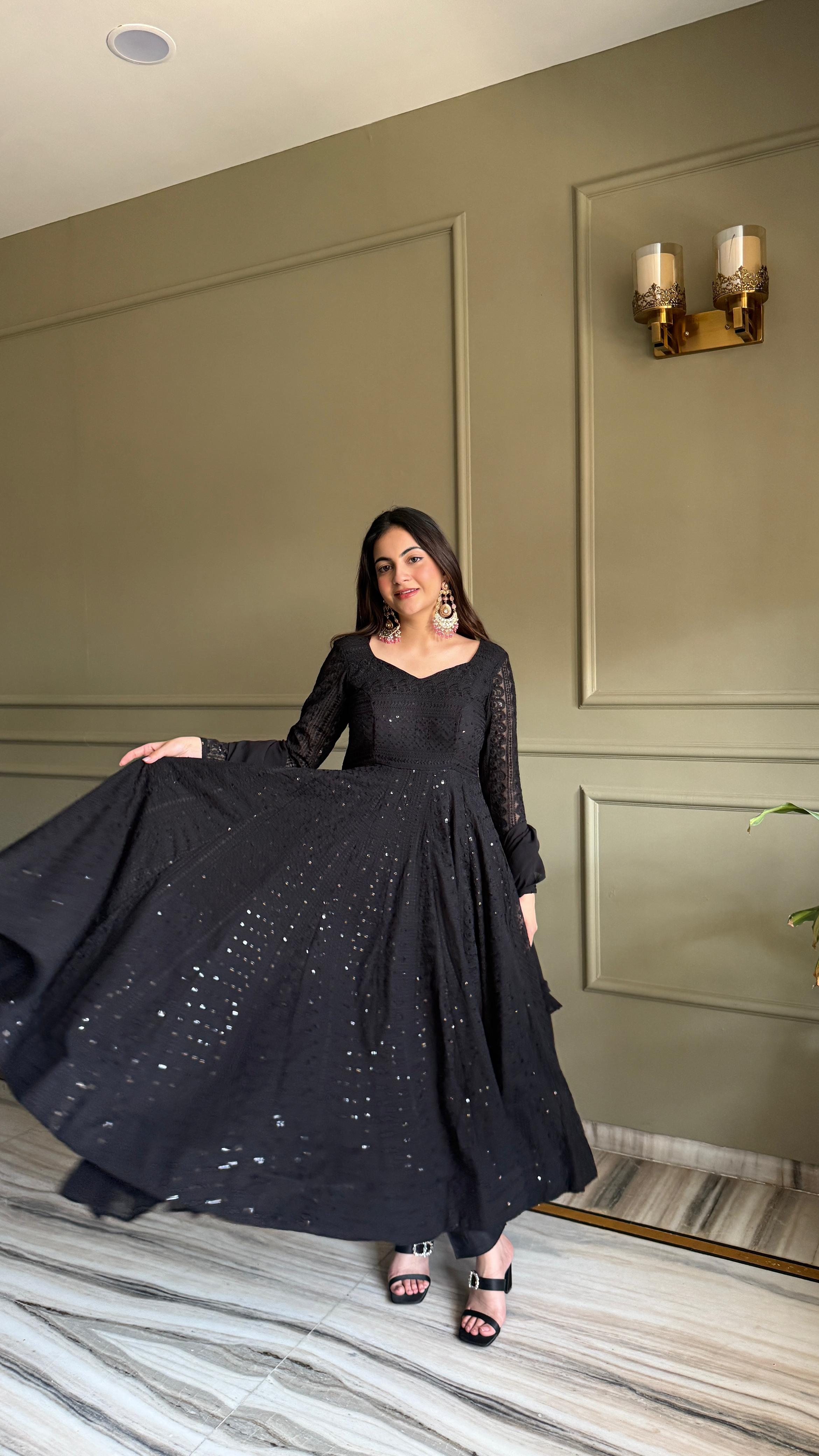 Black Georgette Anarkali Suit Set with Lucknowi Sequence Work for Festive Occasions
