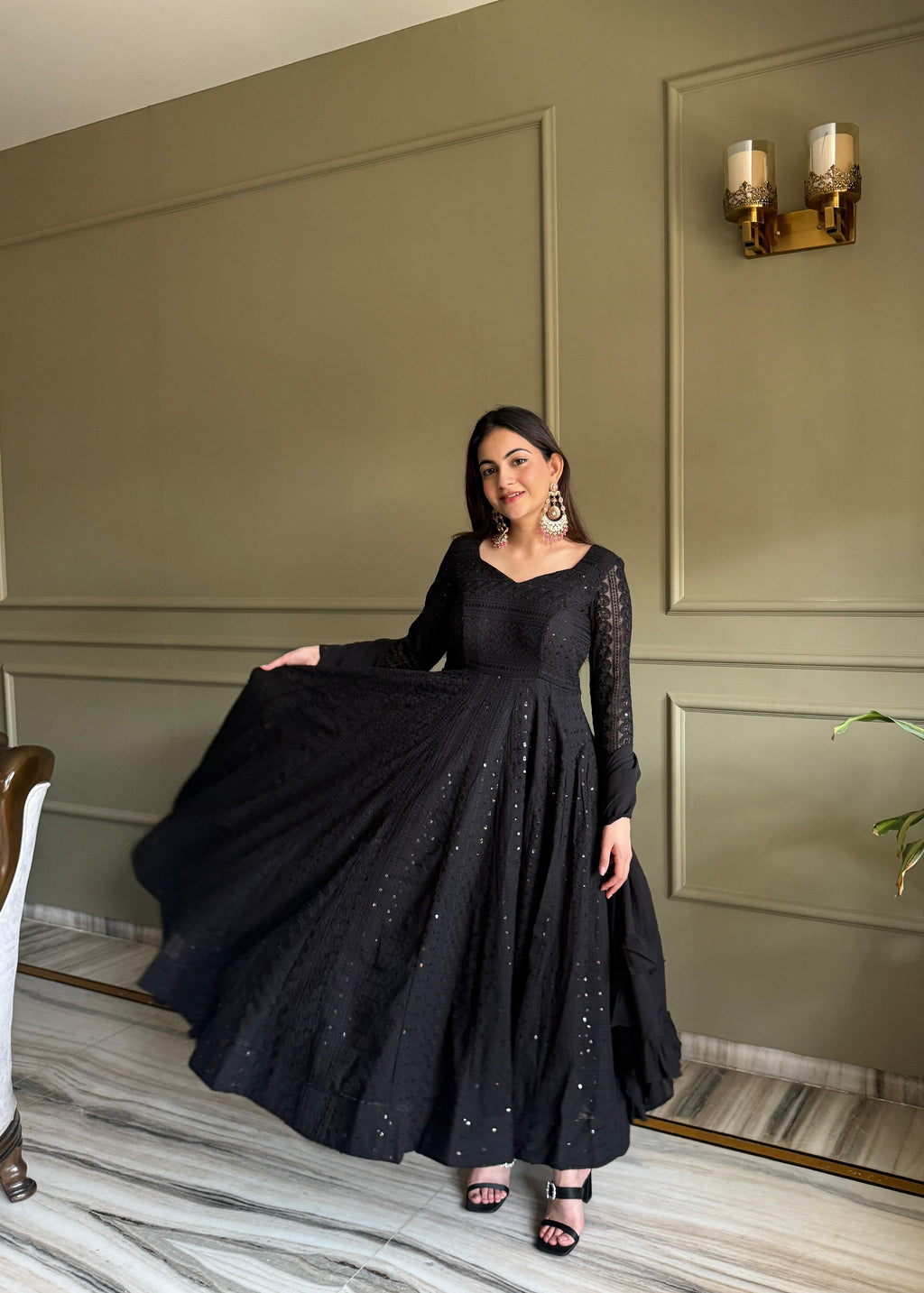 Black Georgette Anarkali Suit Set with Lucknowi Sequence Work for Festive Occasions