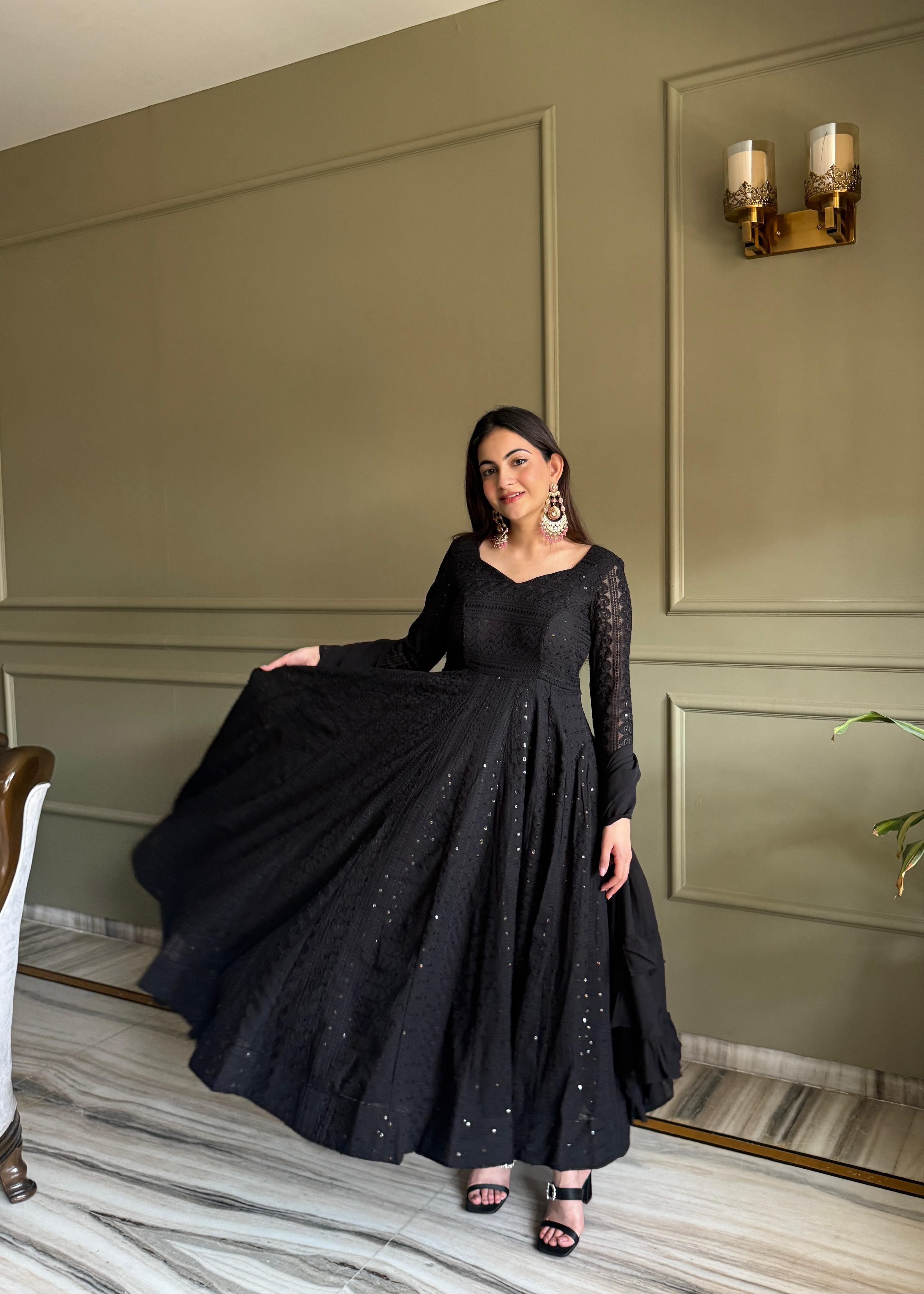 Black Georgette Anarkali Suit Set with Lucknowi Sequence Work for Festive Occasions