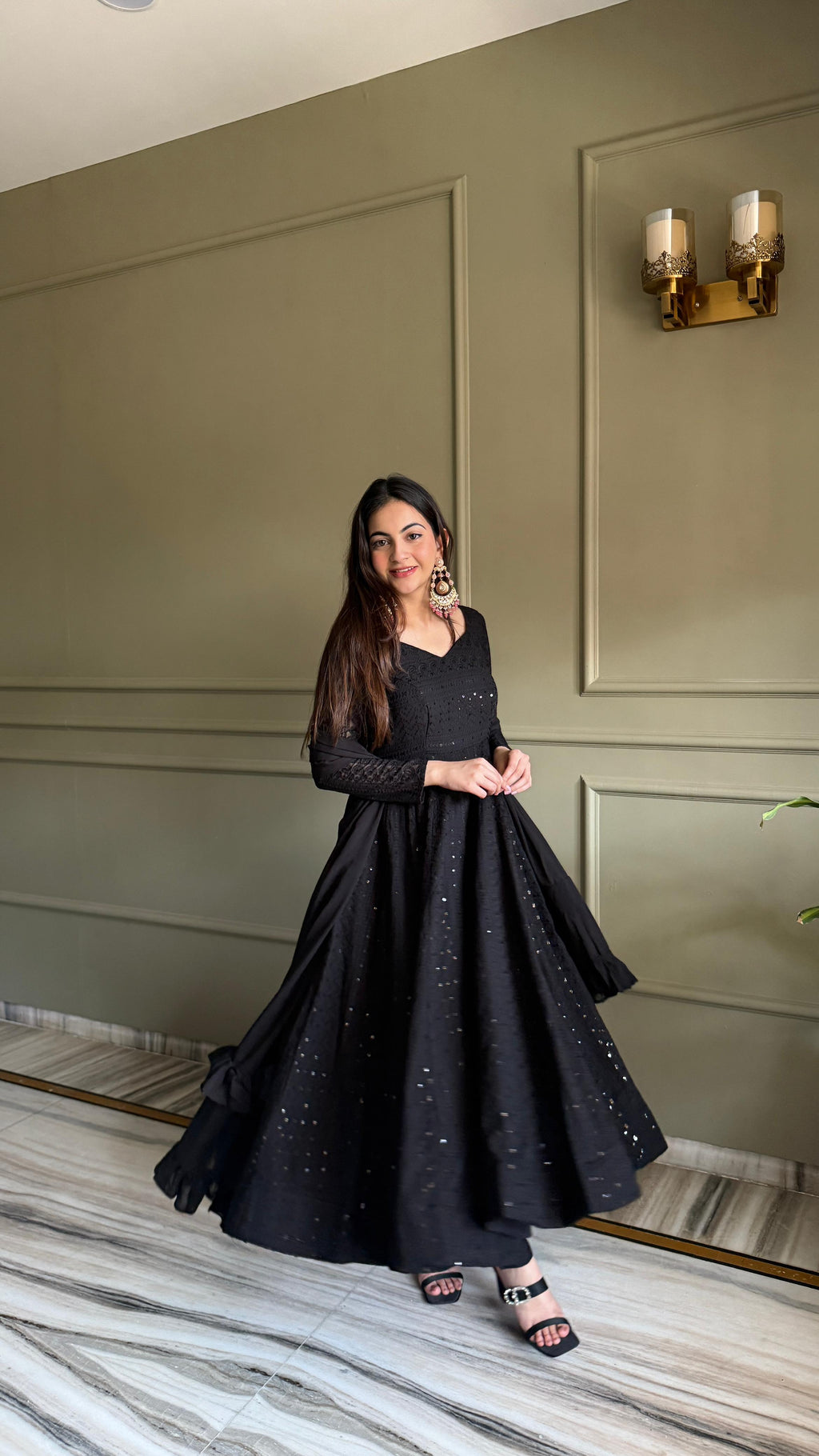Black Georgette Anarkali Suit Set with Lucknowi Sequence Work for Festive Occasions