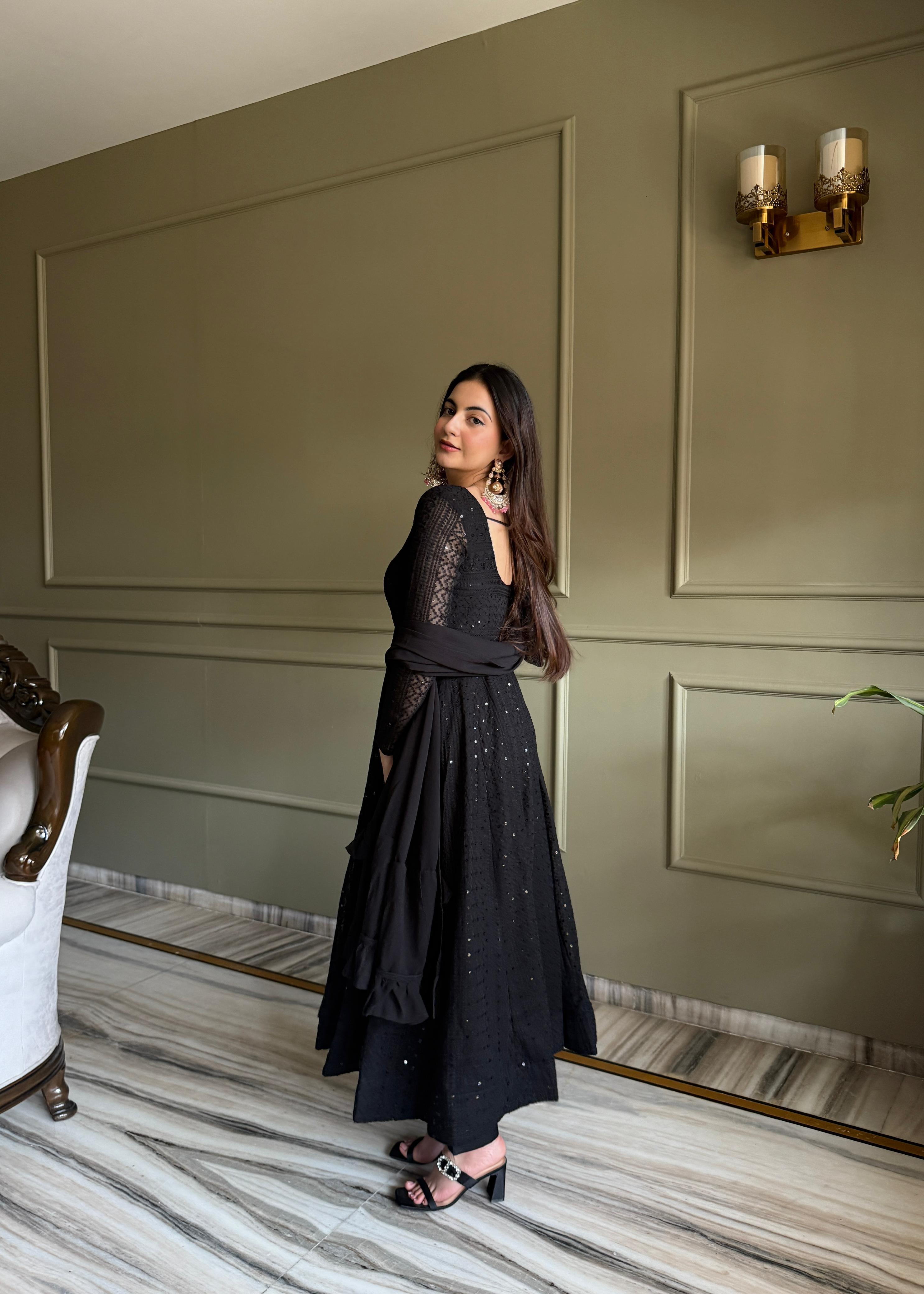 Black Georgette Anarkali Suit Set with Lucknowi Sequence Work for Festive Occasions