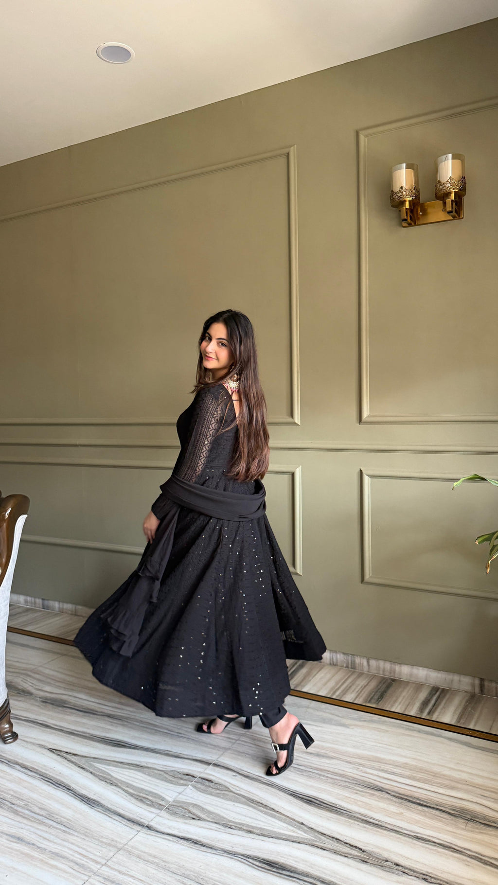 Black Georgette Anarkali Suit Set with Lucknowi Sequence Work for Festive Occasions