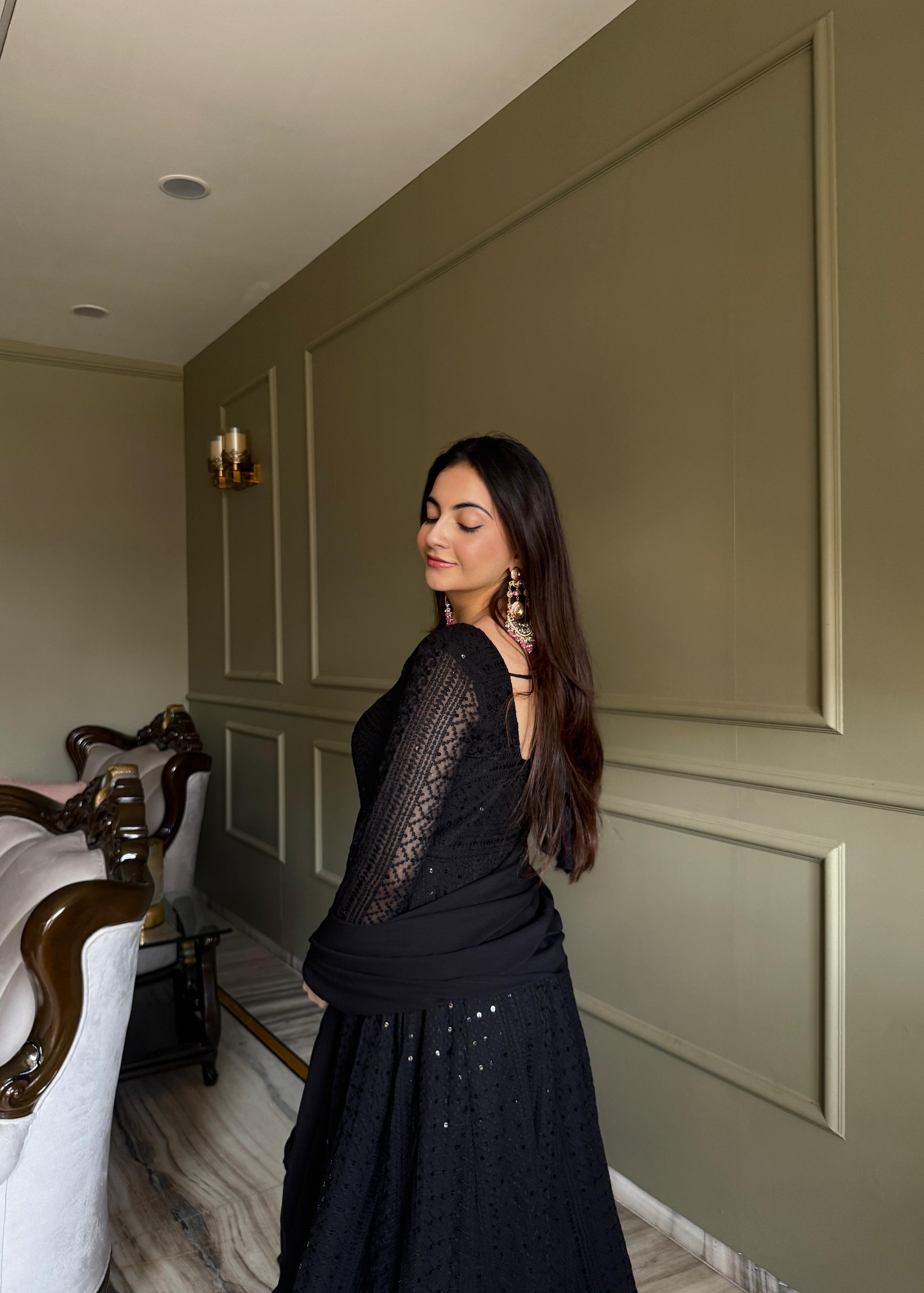 Black Georgette Anarkali Suit Set with Lucknowi Sequence Work for Festive Occasions