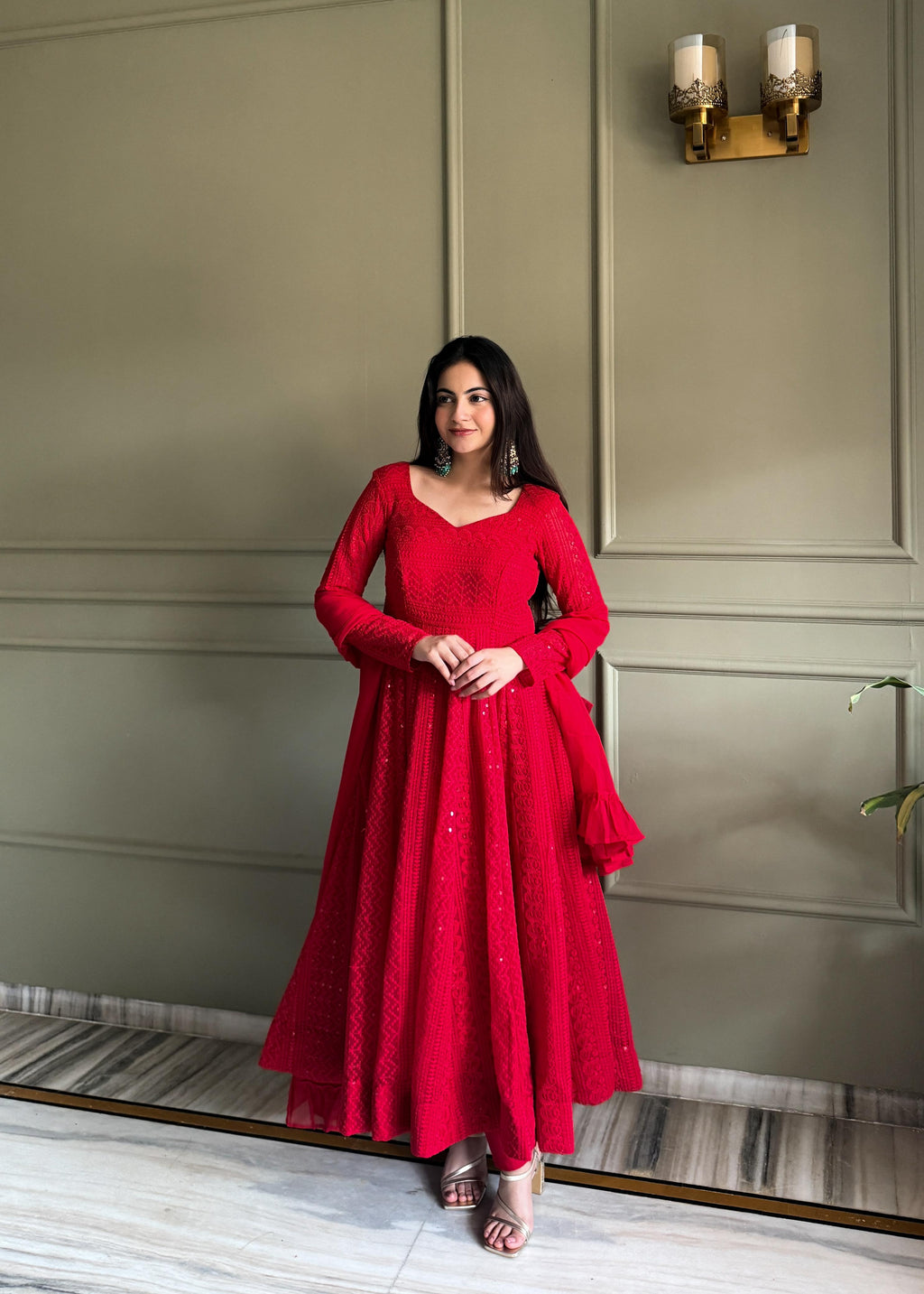 Red Georgette Anarkali Suit Set with Lucknowi Sequence Work for Festive Occasions