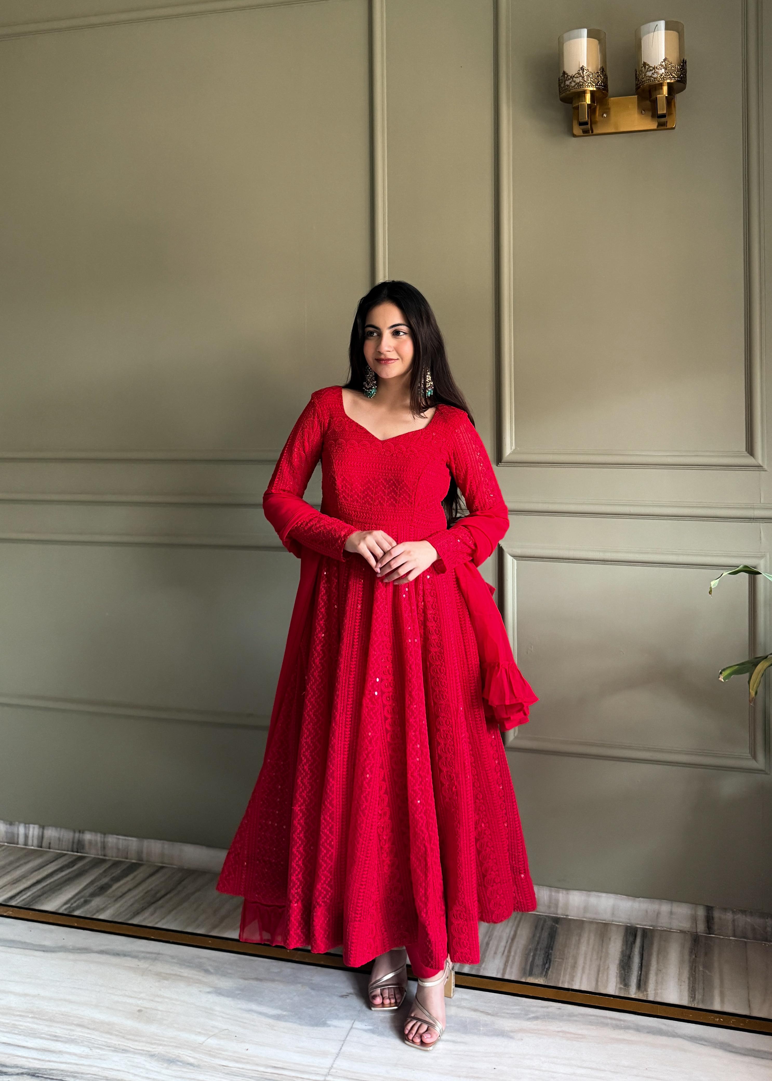 Red Georgette Anarkali Suit Set with Lucknowi Sequence Work for Festive Occasions