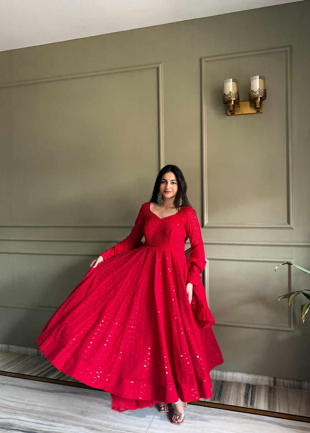 Red Georgette Anarkali Suit Set with Lucknowi Sequence Work for Festive Occasions