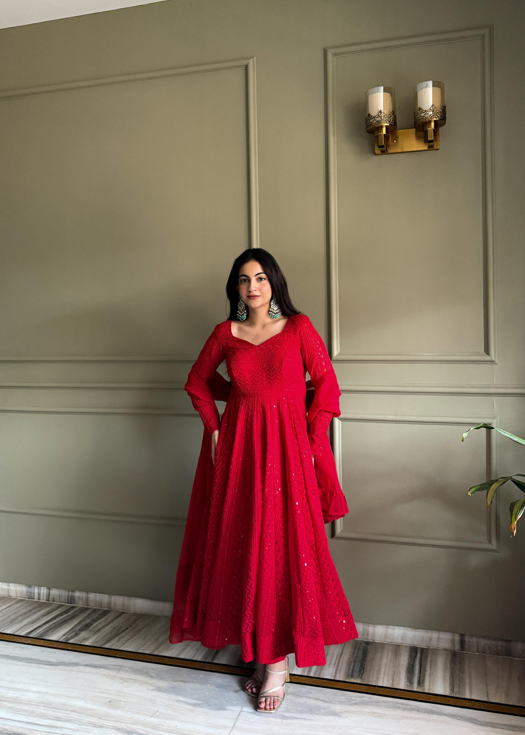 Red Georgette Anarkali Suit Set with Lucknowi Sequence Work for Festive Occasions