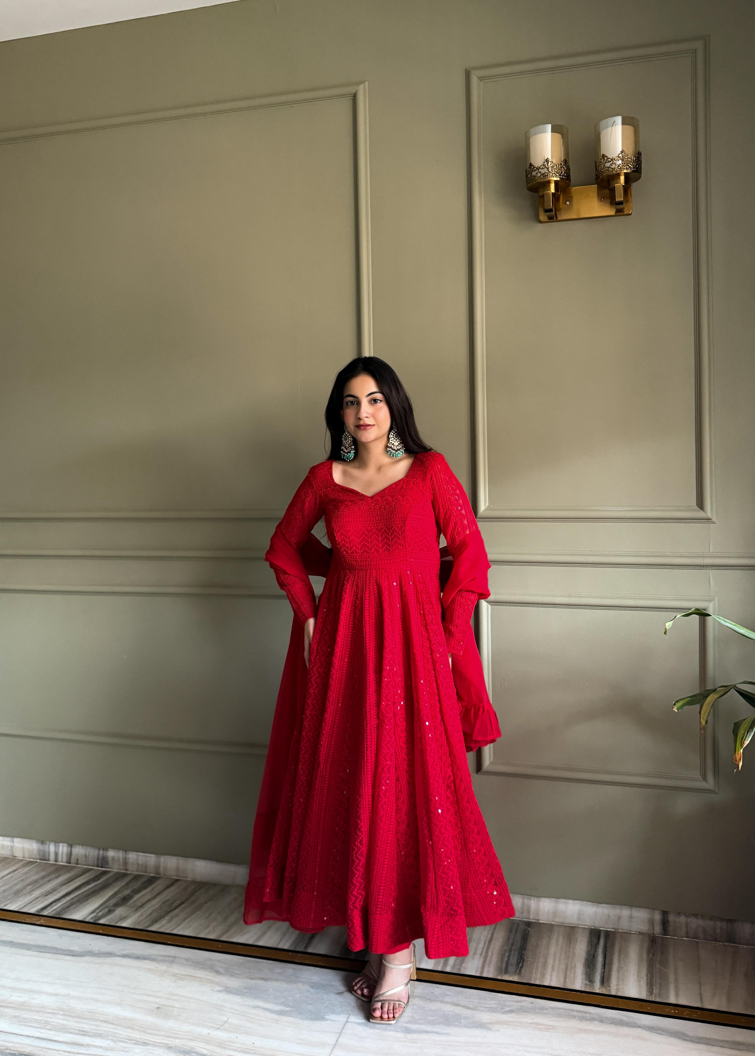 Red Georgette Anarkali Suit Set with Lucknowi Sequence Work for Festive Occasions