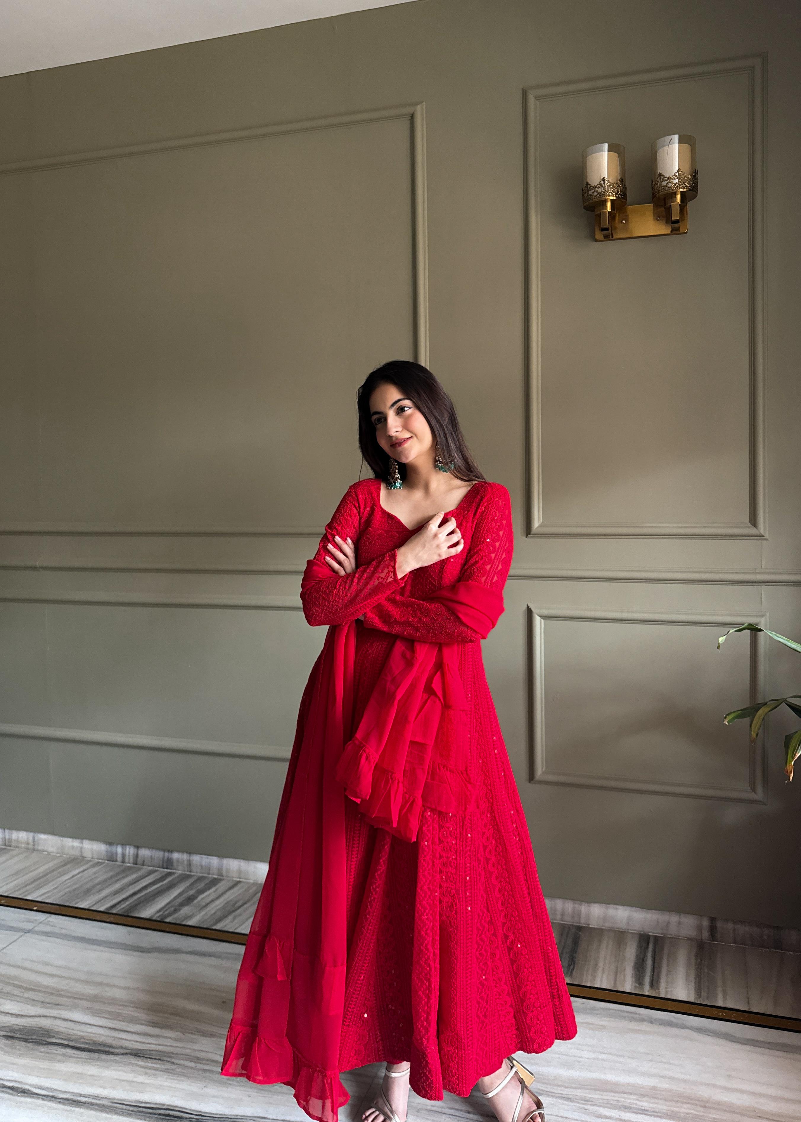 Red Georgette Anarkali Suit Set with Lucknowi Sequence Work for Festive Occasions