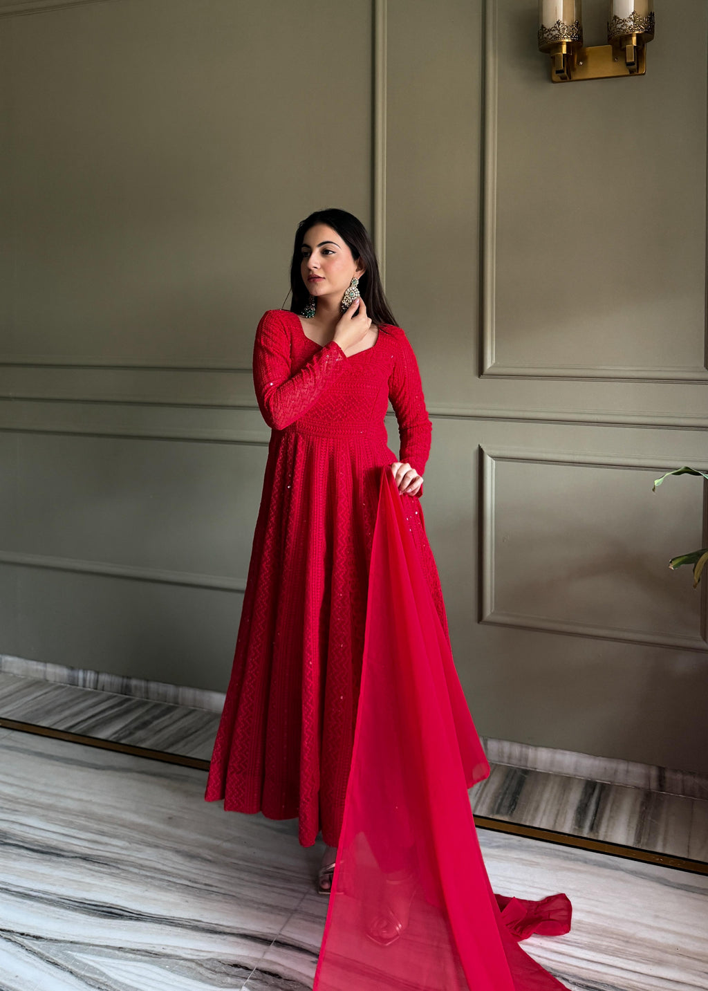 Red Georgette Anarkali Suit Set with Lucknowi Sequence Work for Festive Occasions
