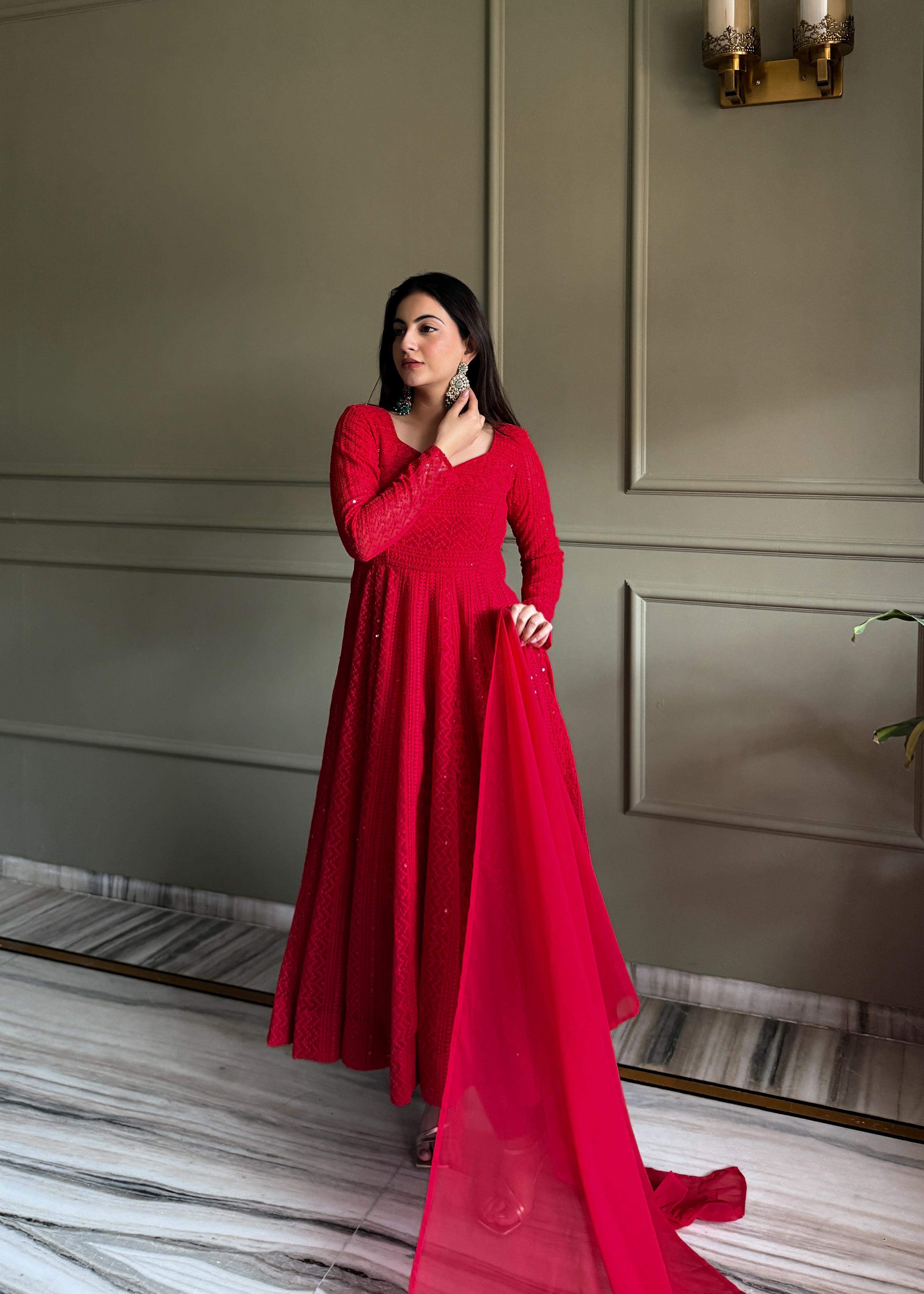 Red Georgette Anarkali Suit Set with Lucknowi Sequence Work for Festive Occasions