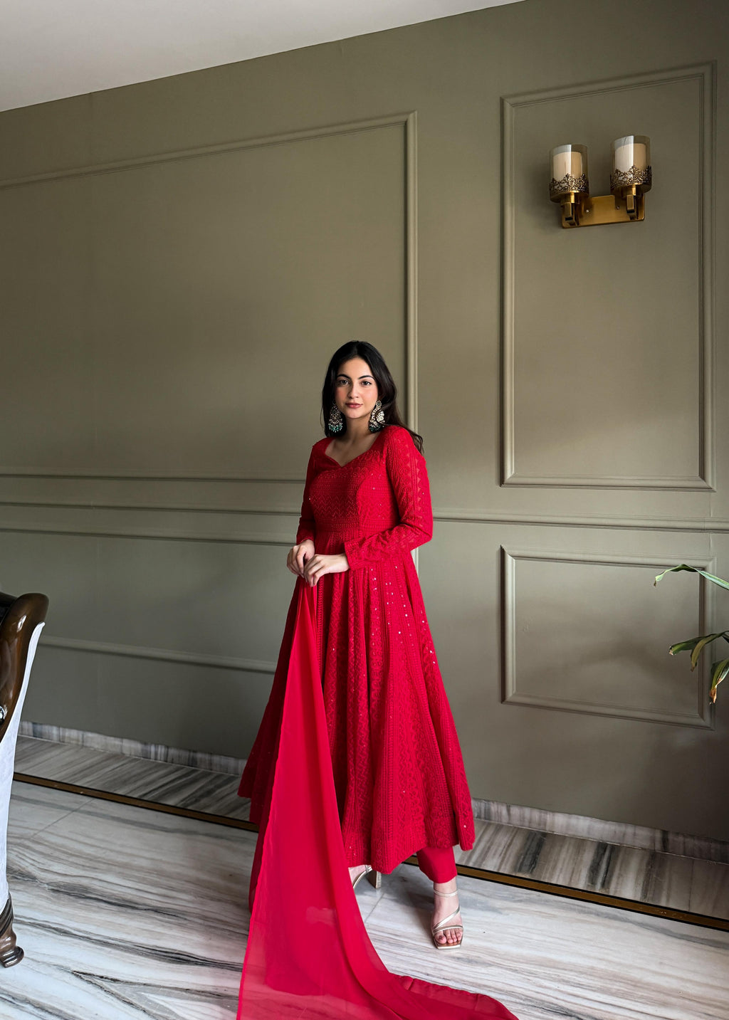 Red Georgette Anarkali Suit Set with Lucknowi Sequence Work for Festive Occasions
