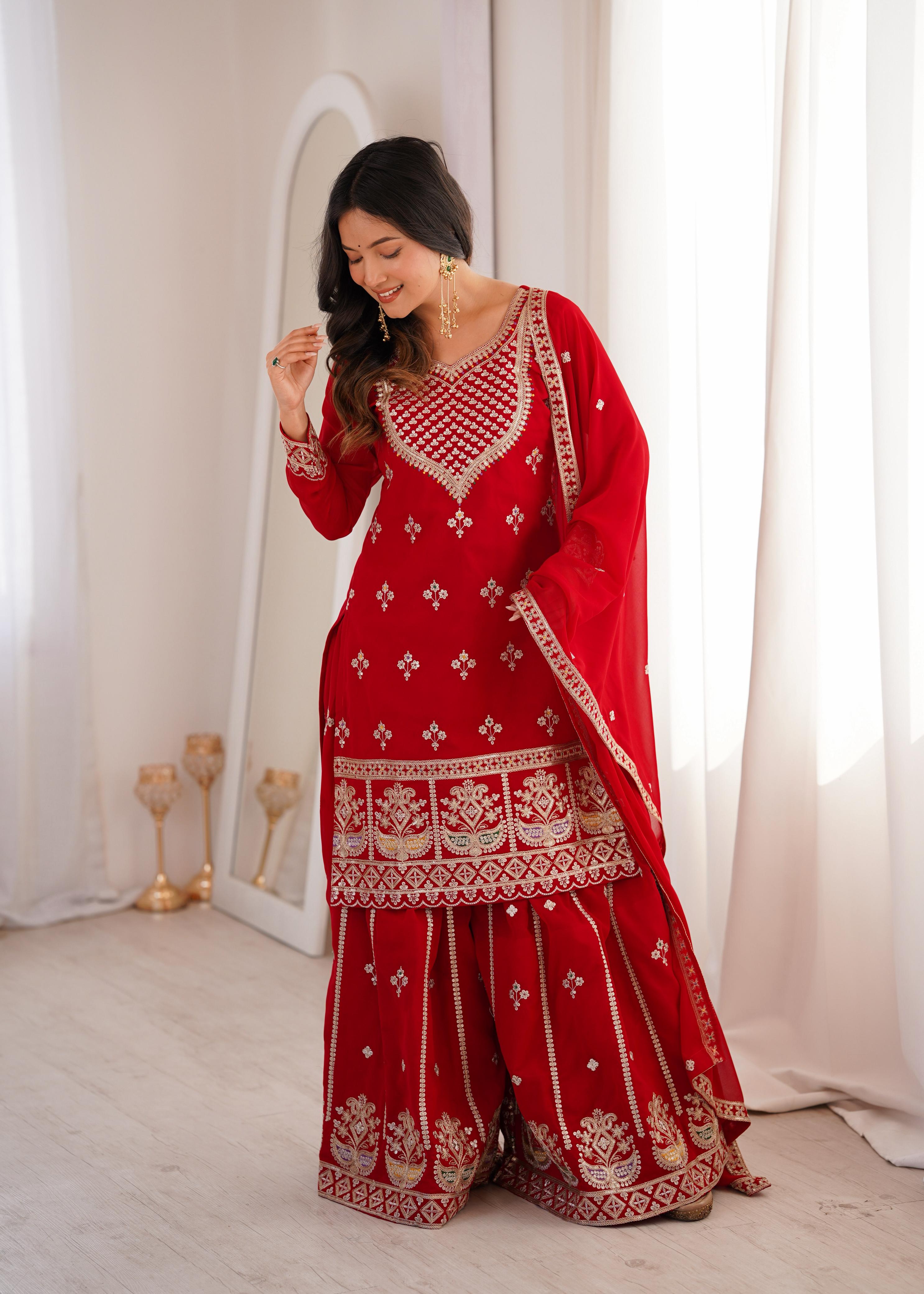 Red Pure Fox Georgette Kurta Suit Set With Embroidery Work