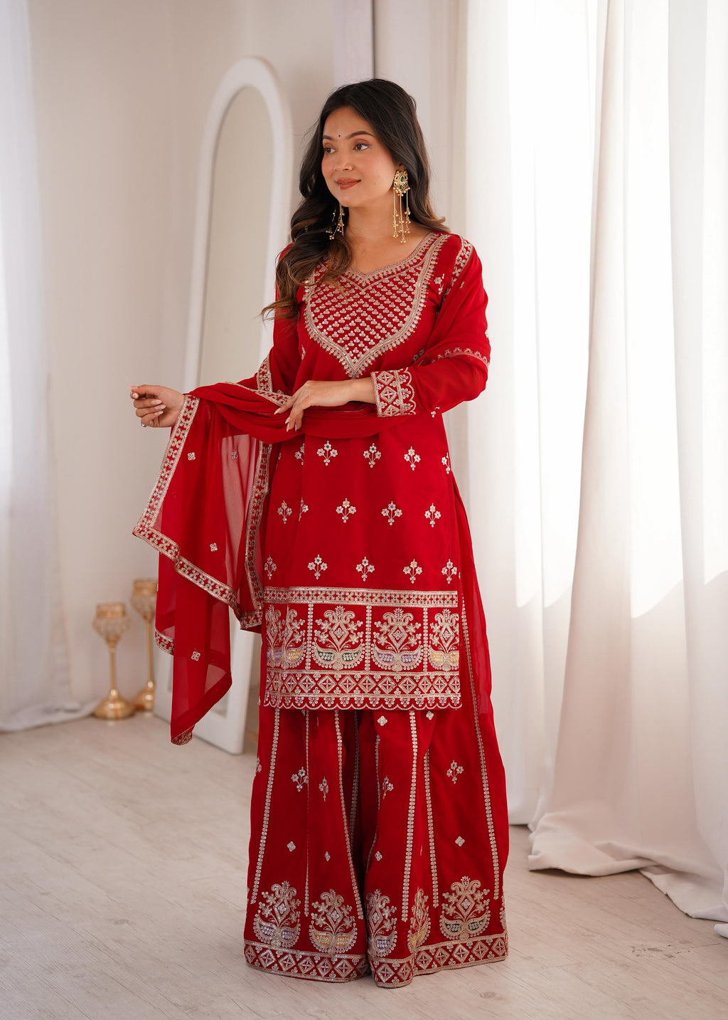 Red Pure Fox Georgette Kurta Suit Set With Embroidery Work