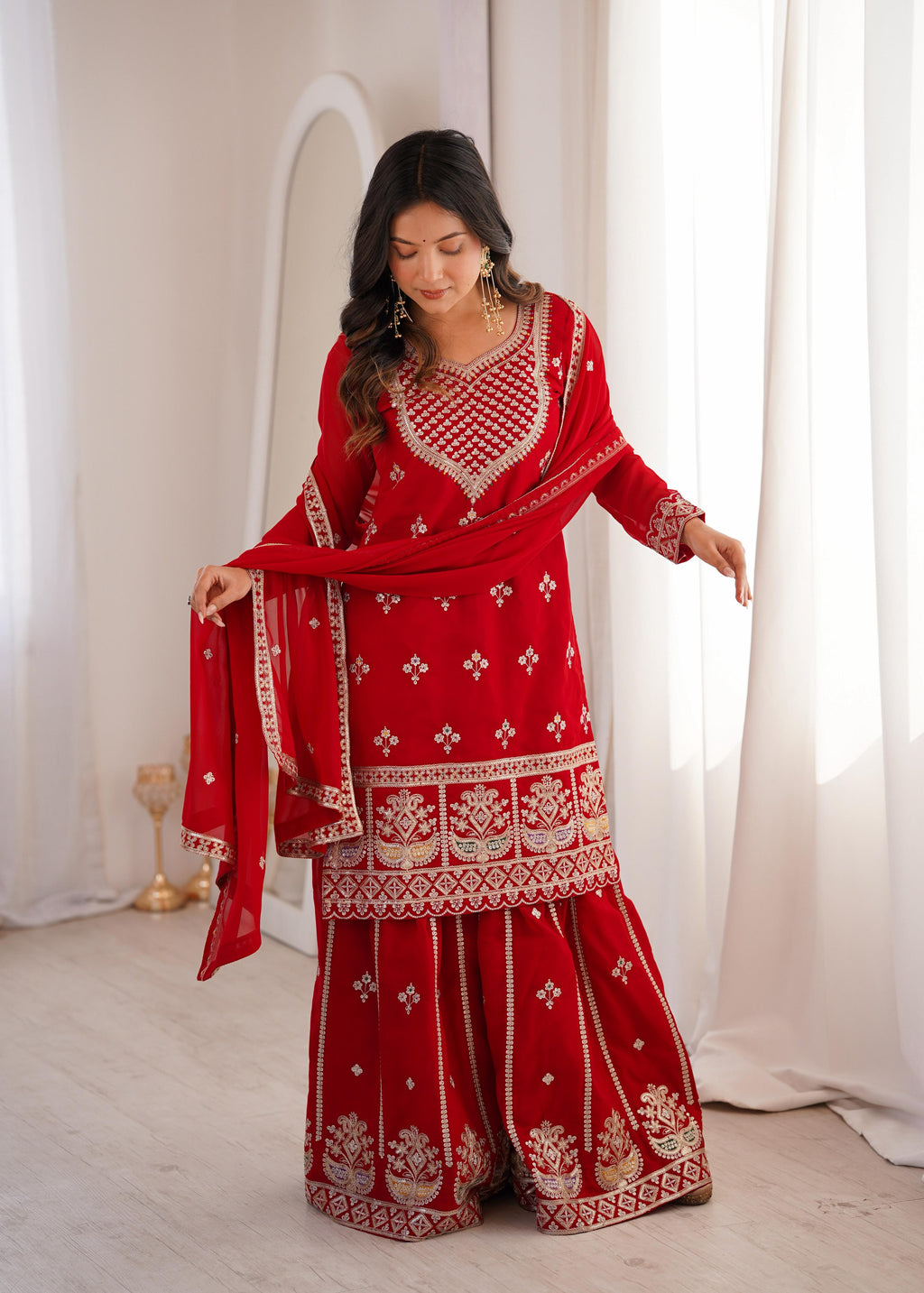 Red Pure Fox Georgette Kurta Suit Set With Embroidery Work
