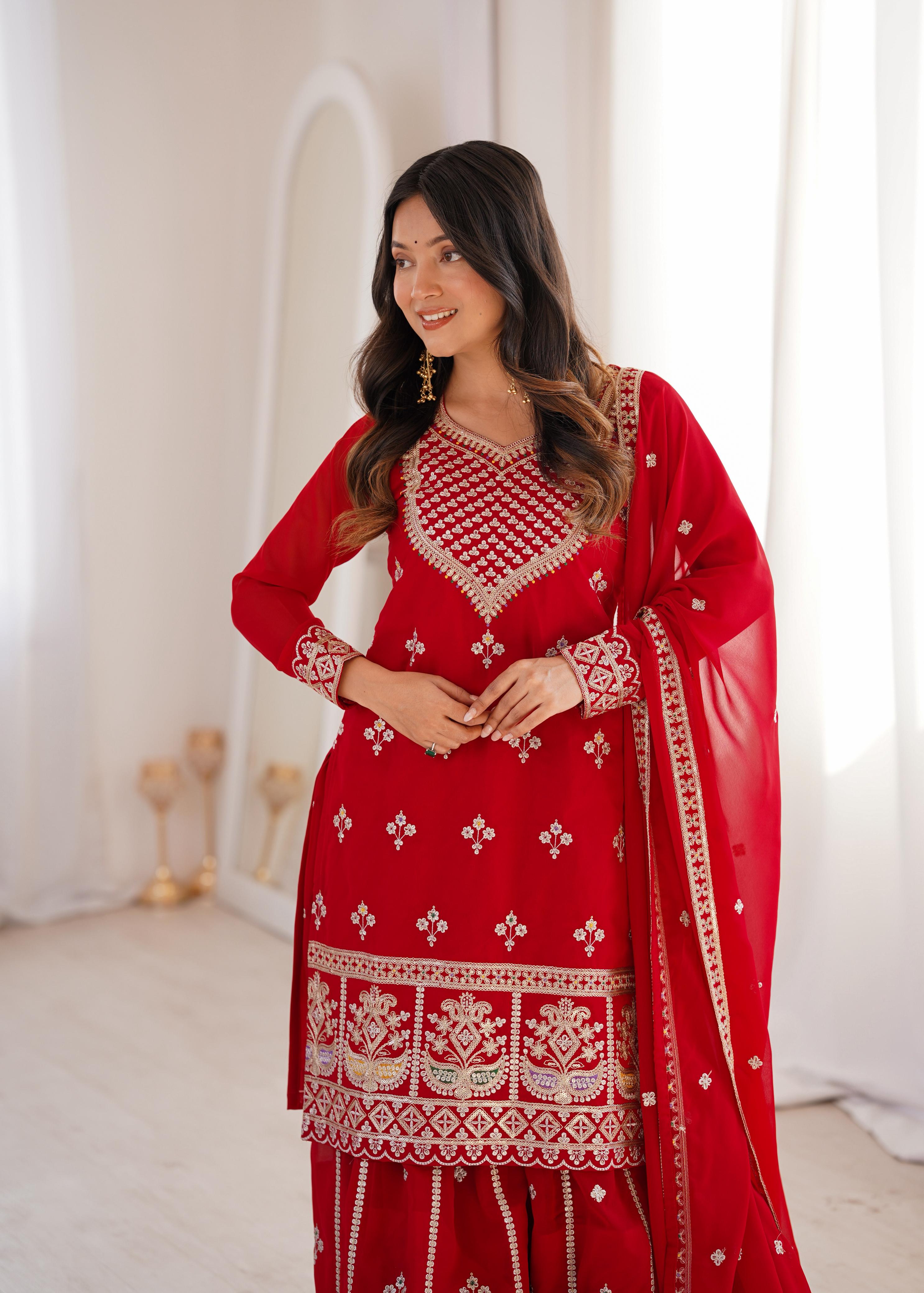 Red Pure Fox Georgette Kurta Suit Set With Embroidery Work