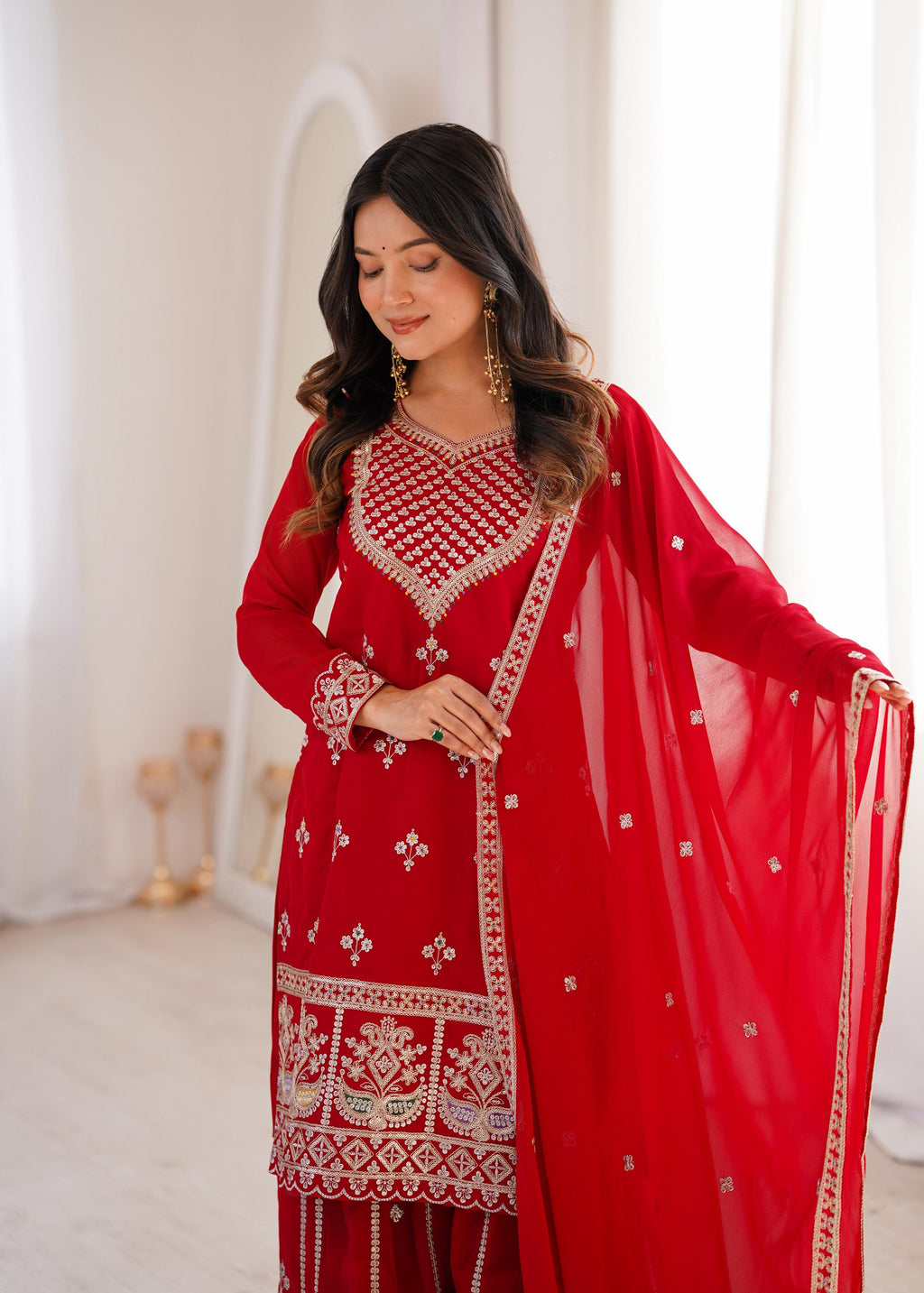 Red Pure Fox Georgette Kurta Suit Set With Embroidery Work